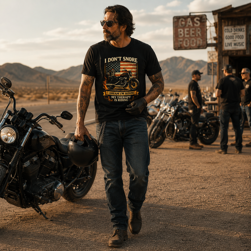 I Don't Snore I Dream I'm Riding Funny Motorcycle Graphic Tee front design detail