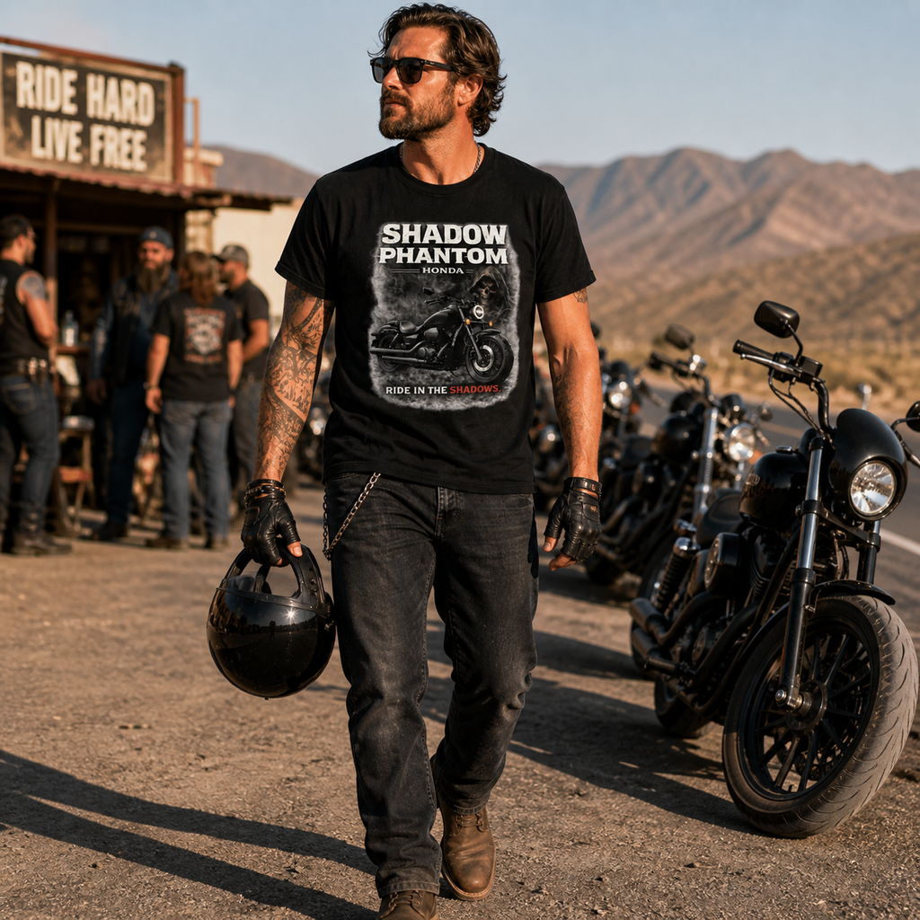 Shadow Phantom Ride In The Shadows Honda Motorcycle Graphic Tee front design detail