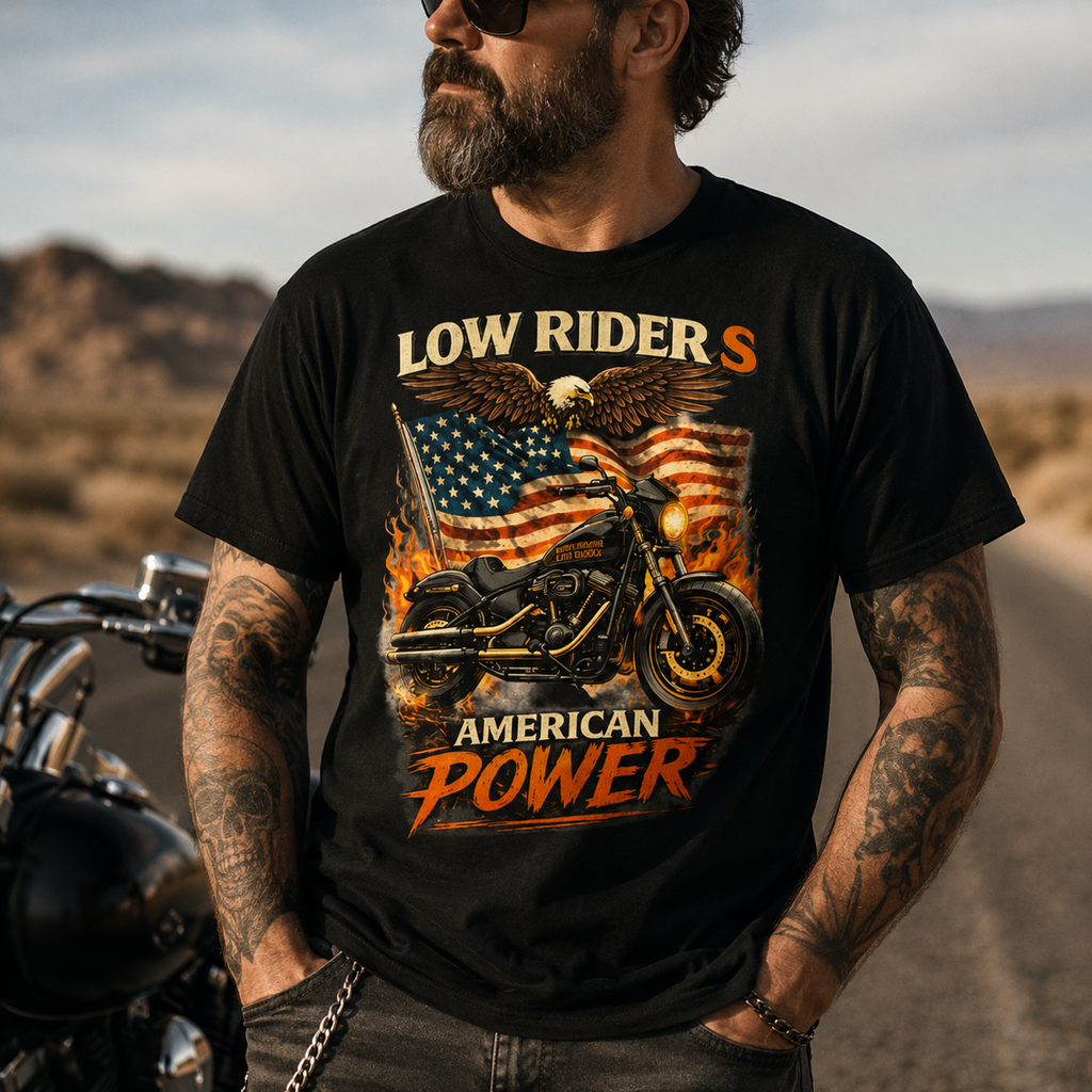 Low Rider S American Power Patriotic Motorcycle Graphic Tee main graphic tee image