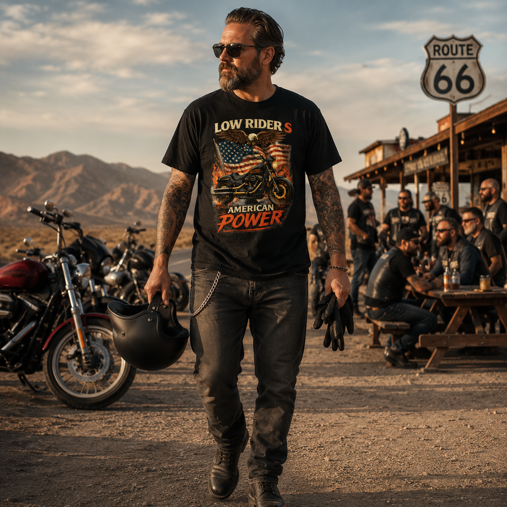 Low Rider S American Power Patriotic Motorcycle Graphic Tee front design detail