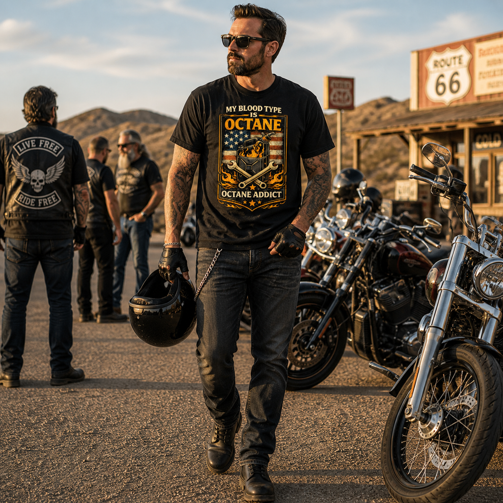 Unisex My Blood Type Is Octane Patriotic Motorcycle Graphic Tee product image