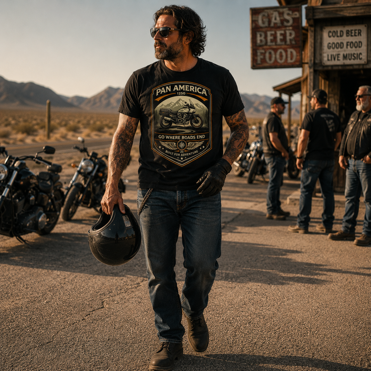 Pan America Go Where Roads End Adventure Motorcycle Graphic Tee front design detail