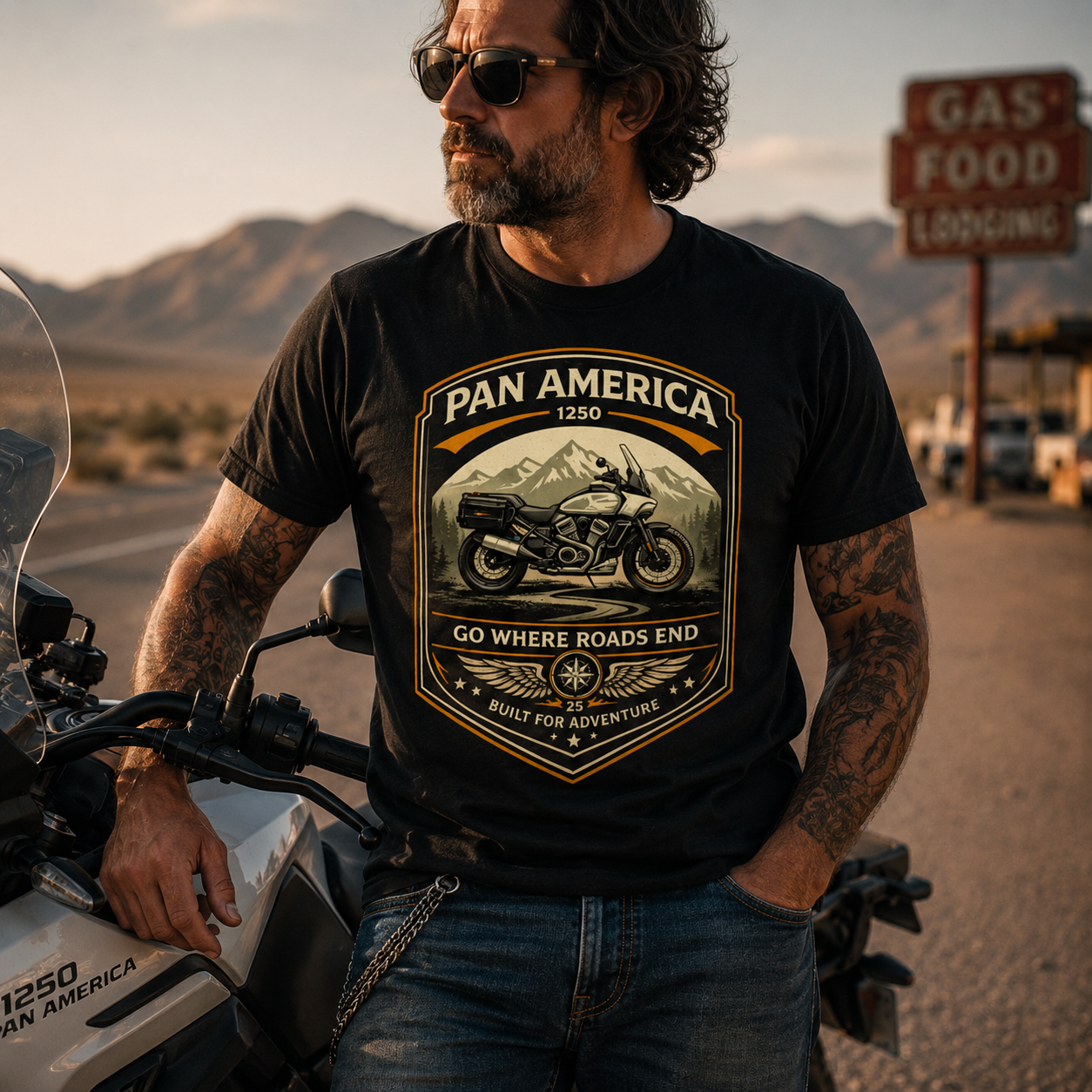 Pan America Go Where Roads End Adventure Motorcycle Graphic Tee main graphic tee image