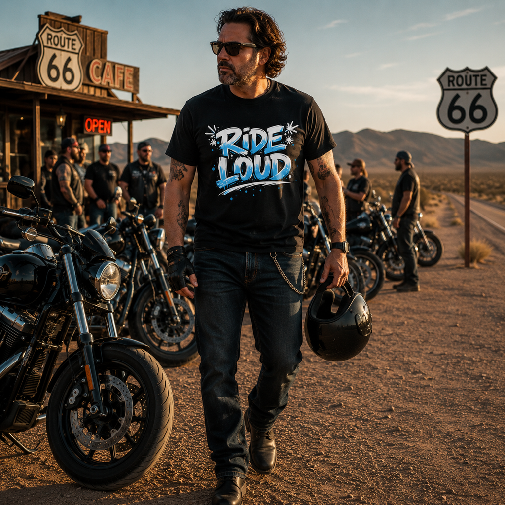 Ride Loud Motorcycle Graphic Tee front design detail
