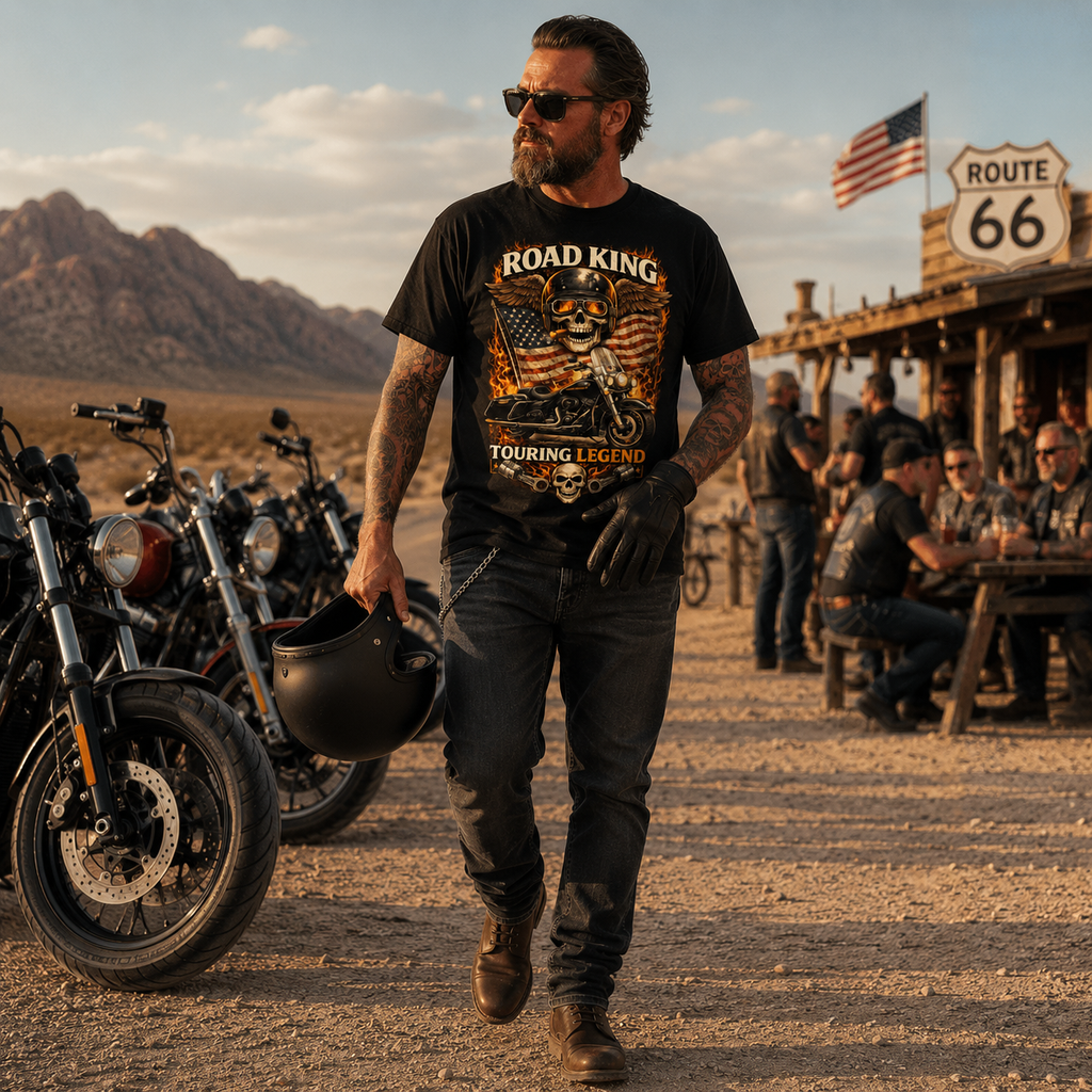 Road King Touring Legend American Flag Motorcycle Graphic Tee front design detail