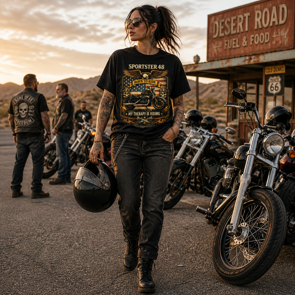 Sportster 48 Born To Ride My Therapy Is Riding Motorcycle Graphic Tee front design detail