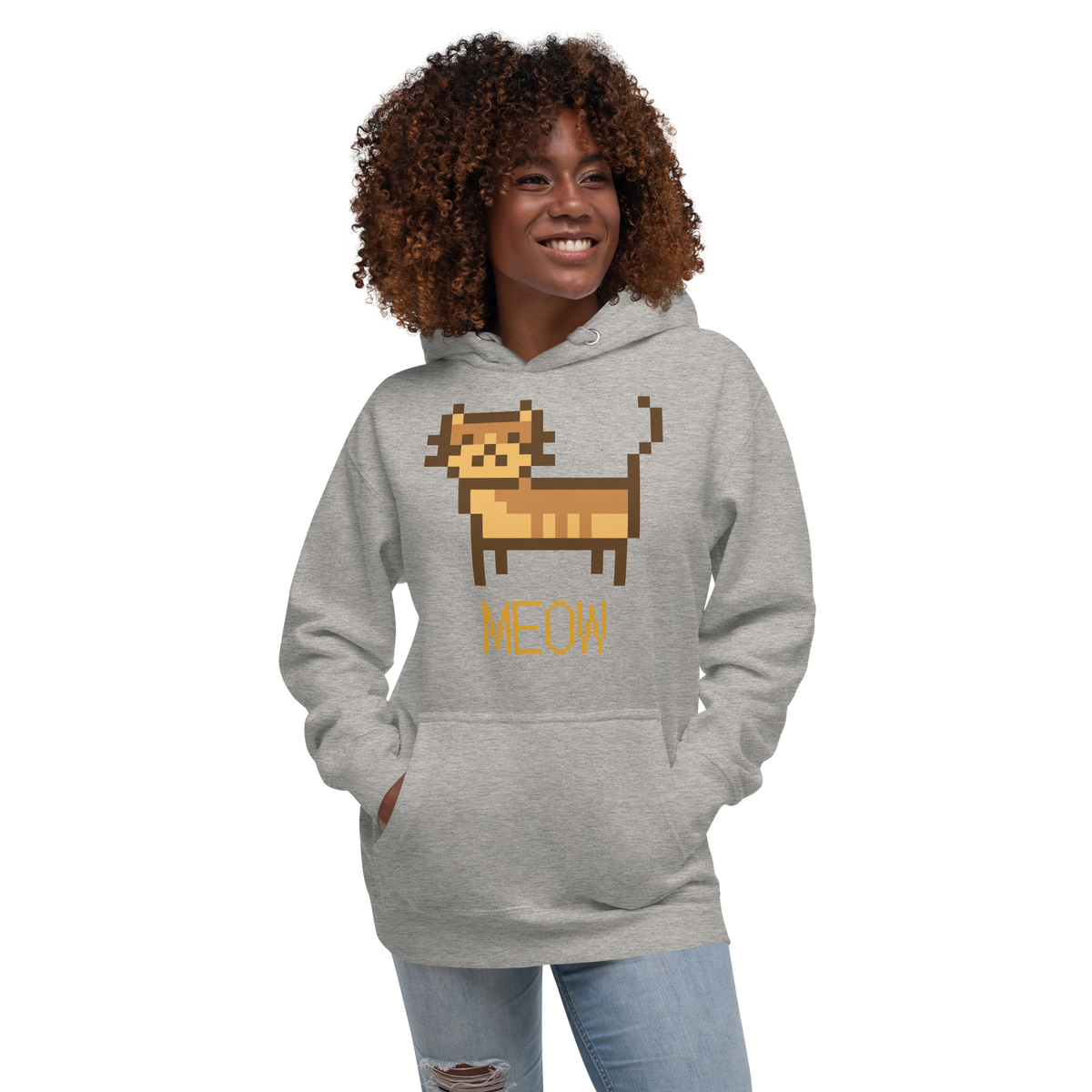 Unisex Pixel Cat Meow Premium Pullover Graphic Hoodie latte