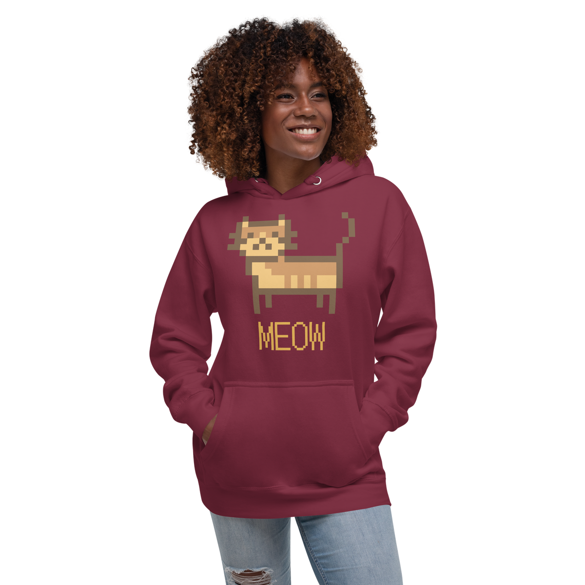 Unisex Pixel Cat Meow Premium Pullover Graphic Hoodie black