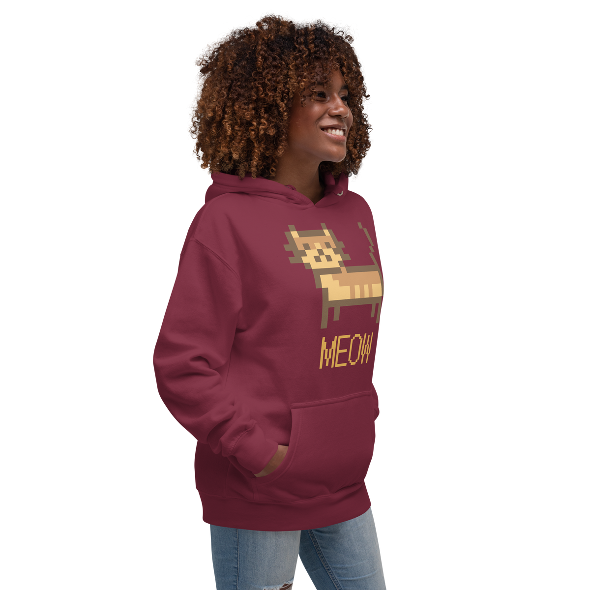 Unisex Pixel Cat Meow Premium Pullover Graphic Hoodie black