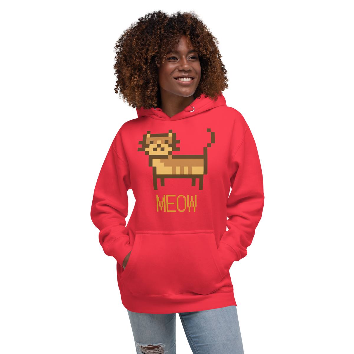 Unisex Pixel Cat Meow Premium Pullover Graphic Hoodie forest-green