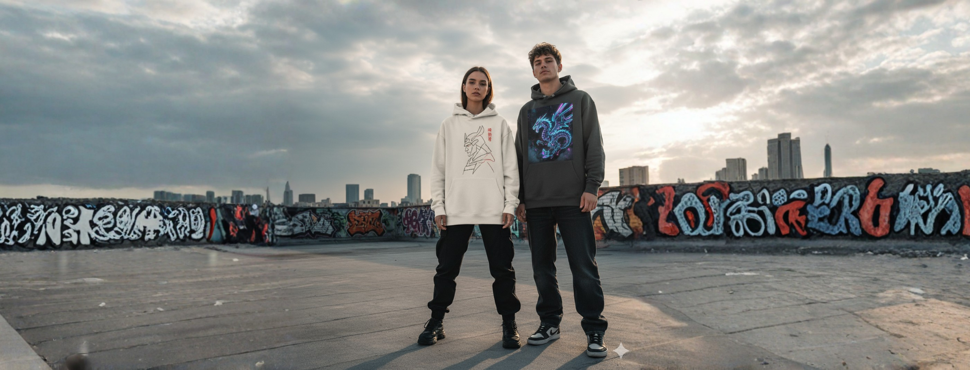 Two people standing on a rooftop with graffiti and city skyline in the background