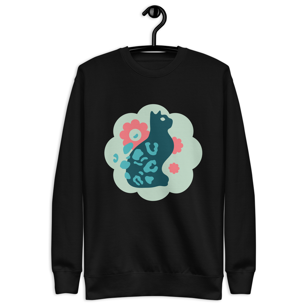 Unisex Cute Cat Floral Premium Printed Sweatshirt charcoal-heather