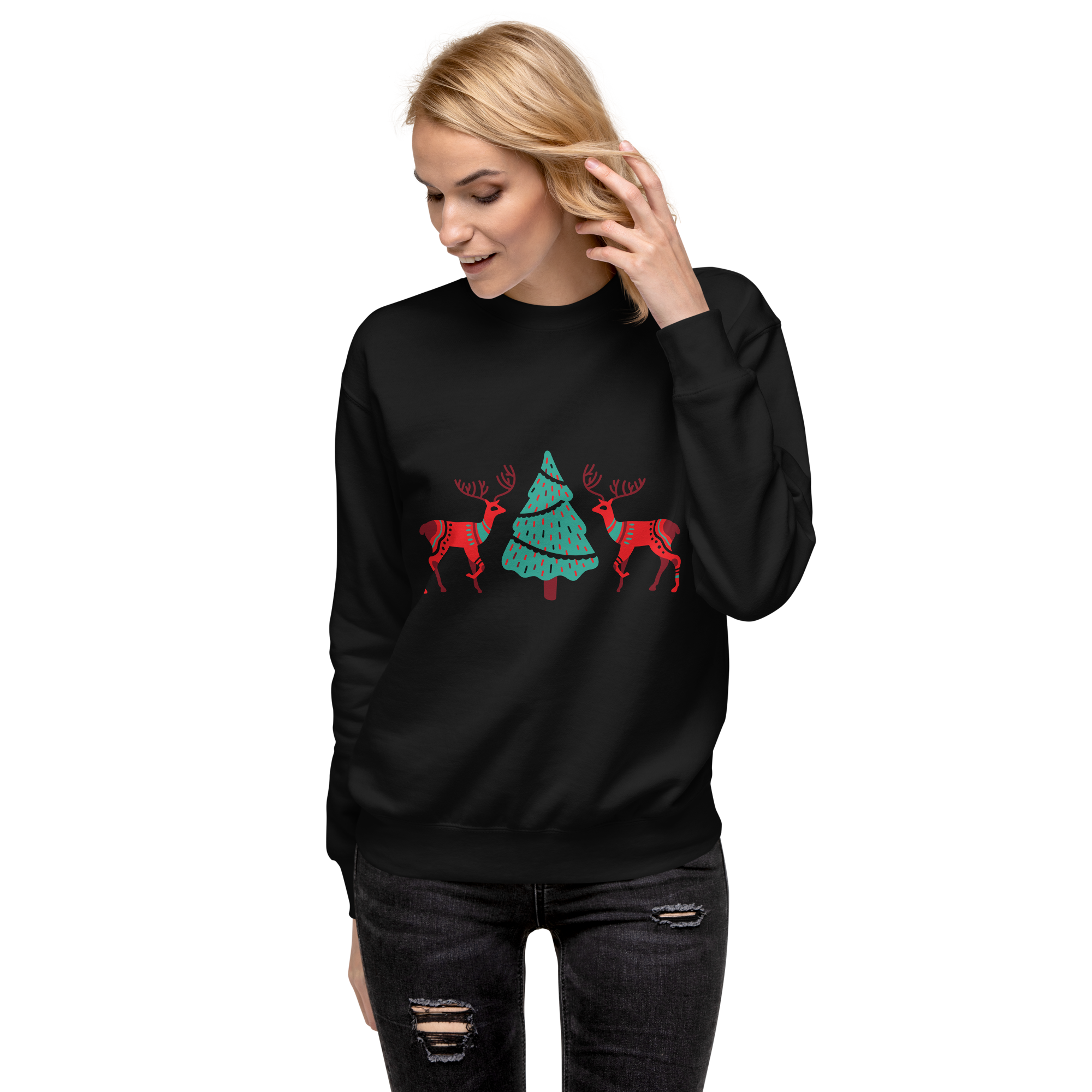 Unisex Reindeer With Christmas Tree Premium Printed Sweatshirt 
