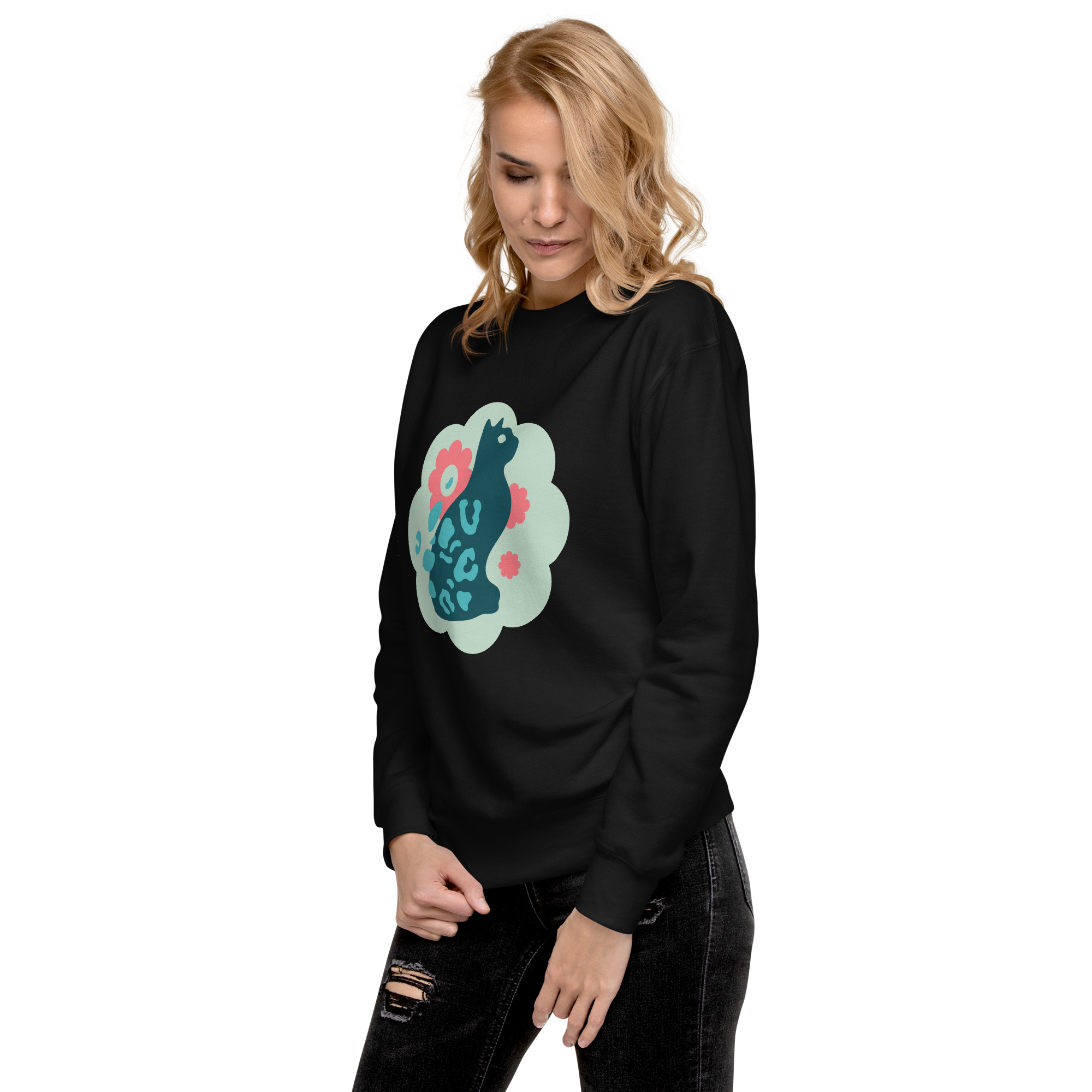 Unisex Cute Cat Floral Premium Printed Sweatshirt navy-blazer