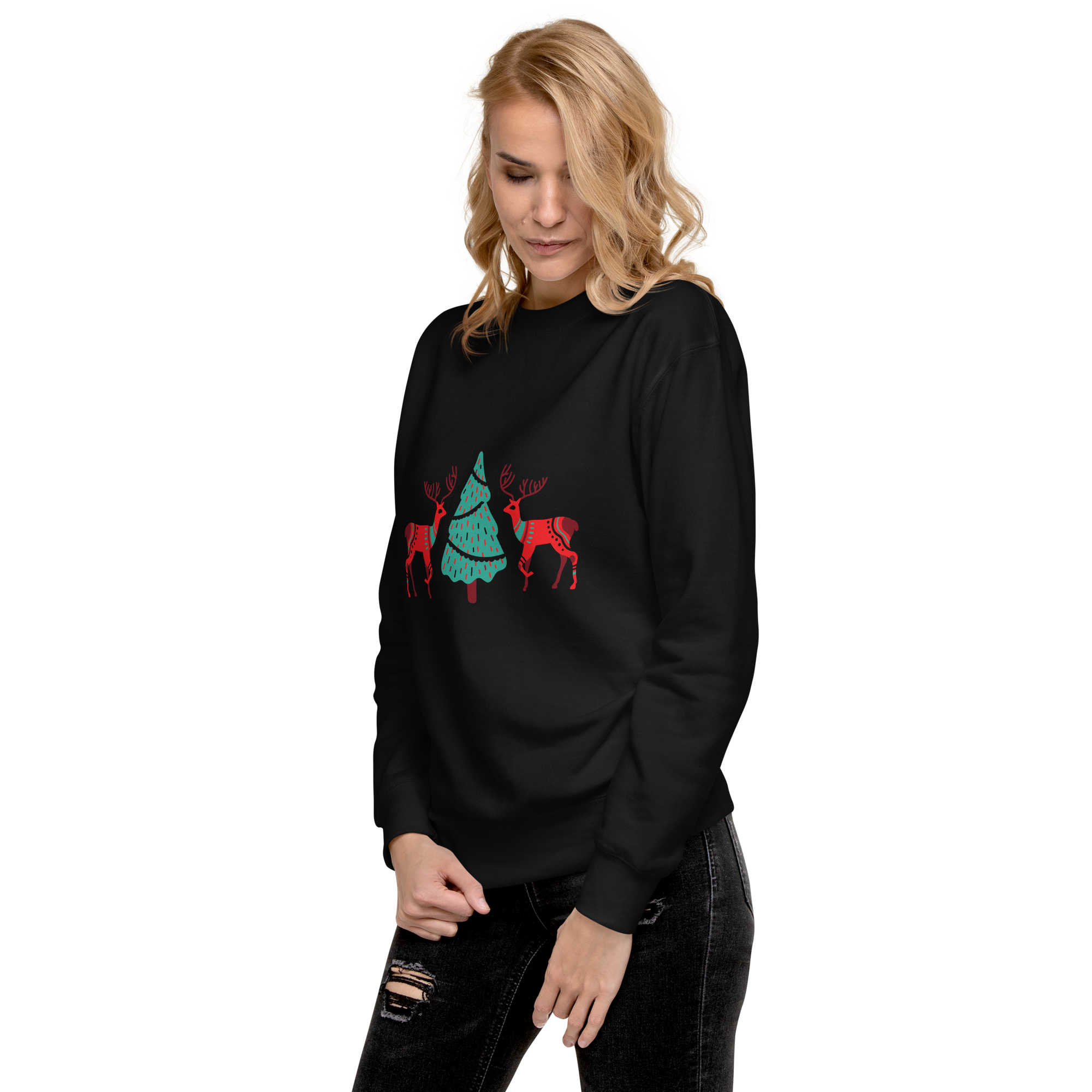 Unisex Reindeer With Christmas Tree Premium Printed Sweatshirt 