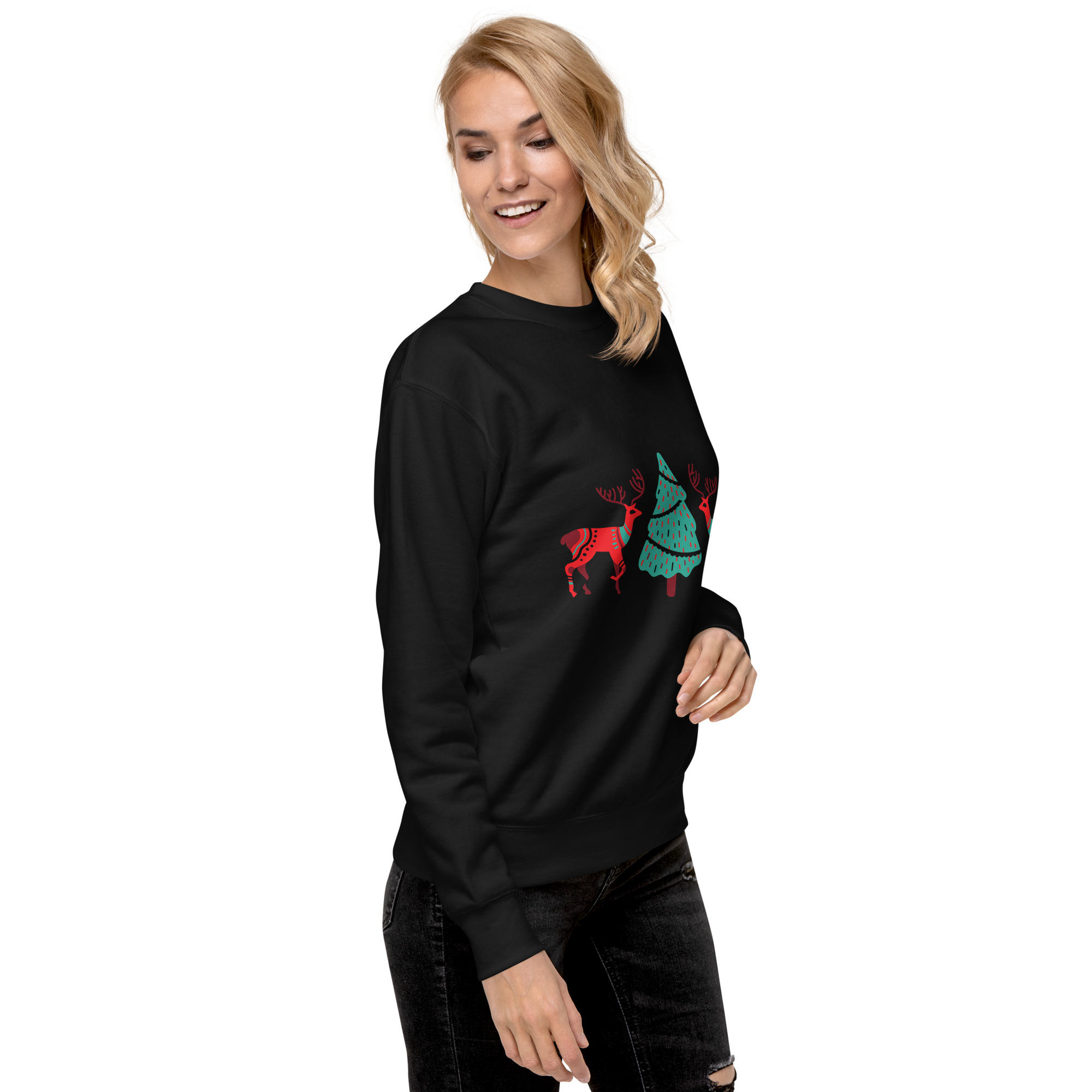 Unisex Reindeer With Christmas Tree Premium Printed Sweatshirt 