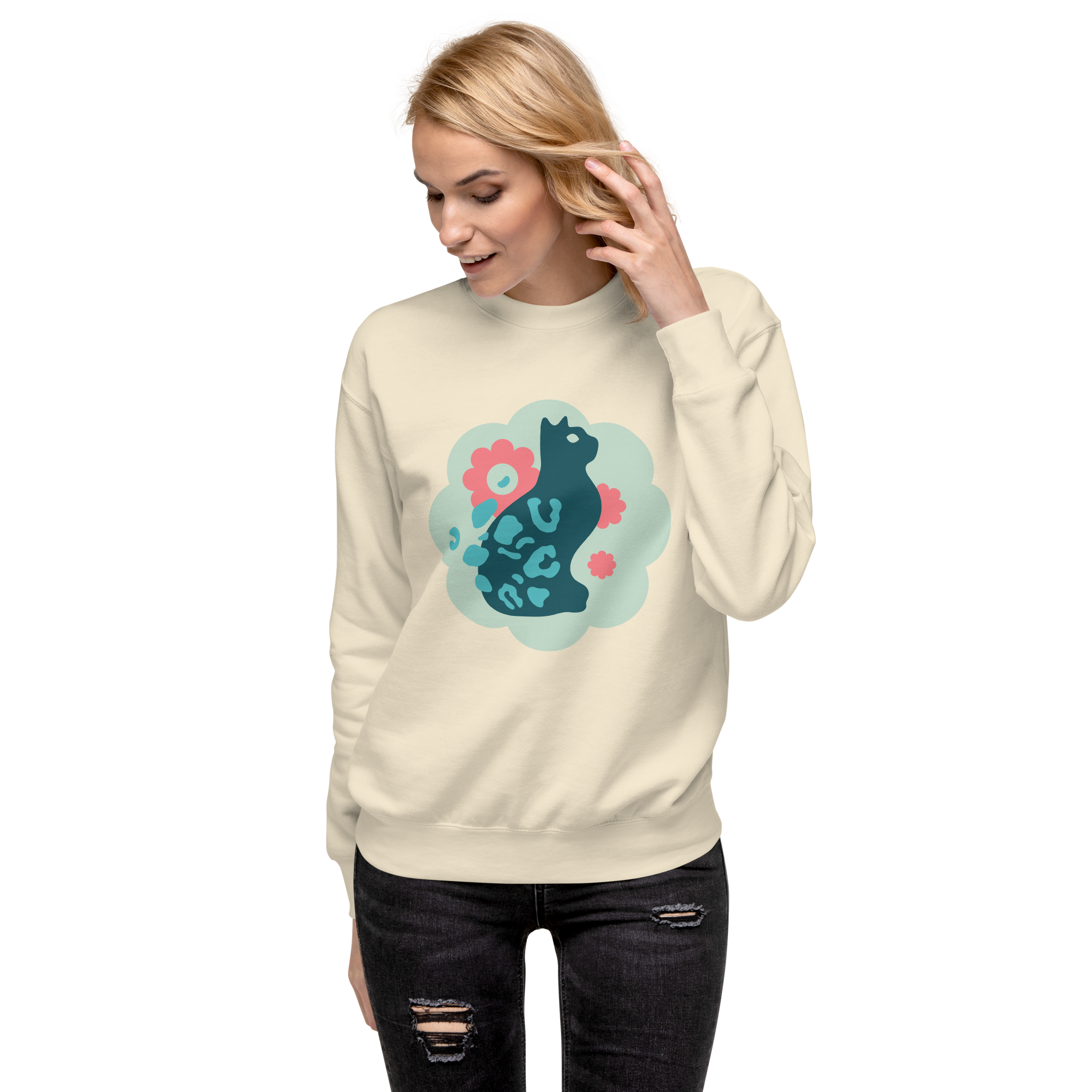 Unisex Cute Cat Floral Premium Printed Sweatshirt white
