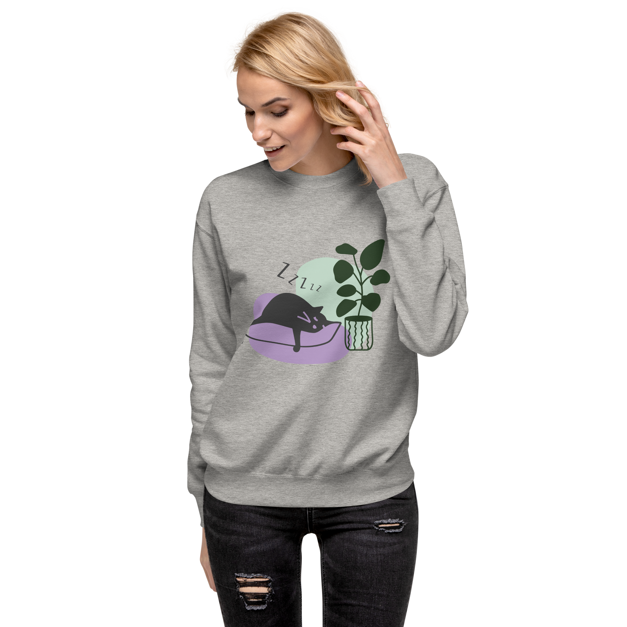 Unisex Cat Couch Premium Printed Sweatshirt forest-green
