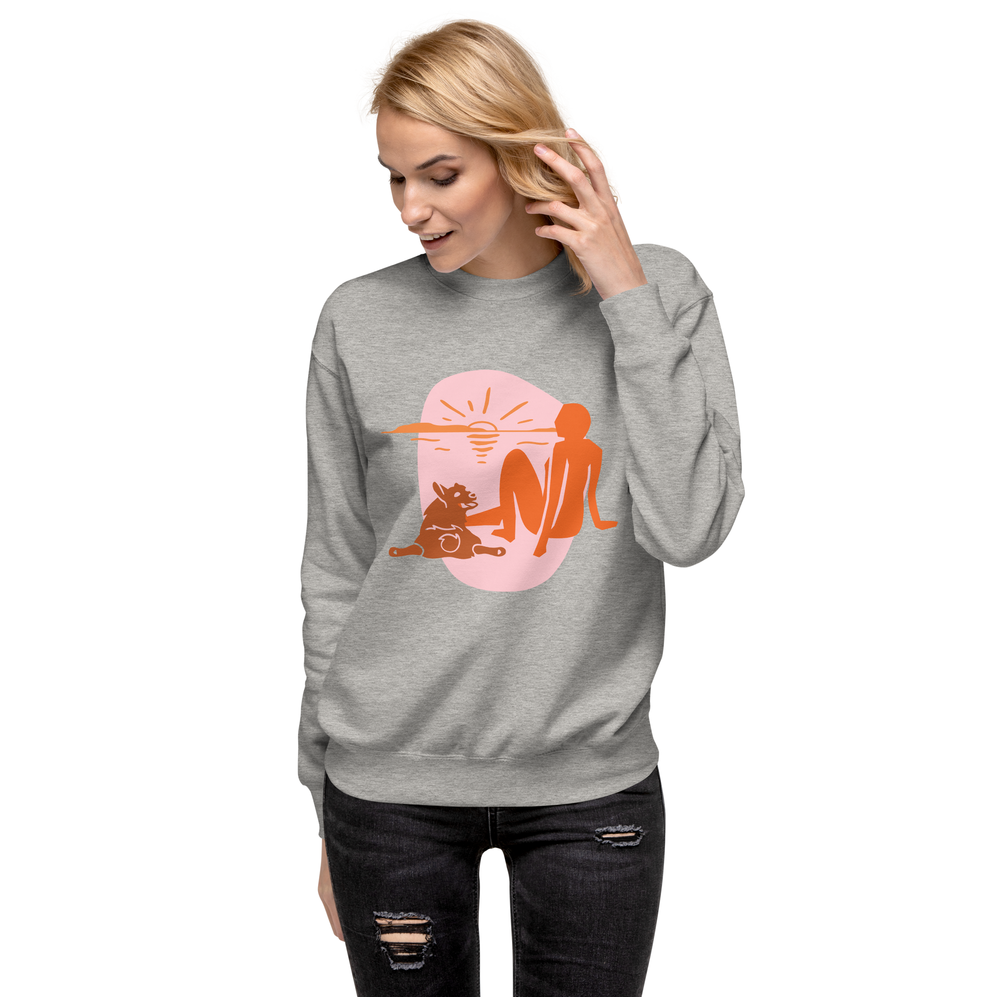 Unisex Woman With Cat Premium Printed Sweatshirt bone