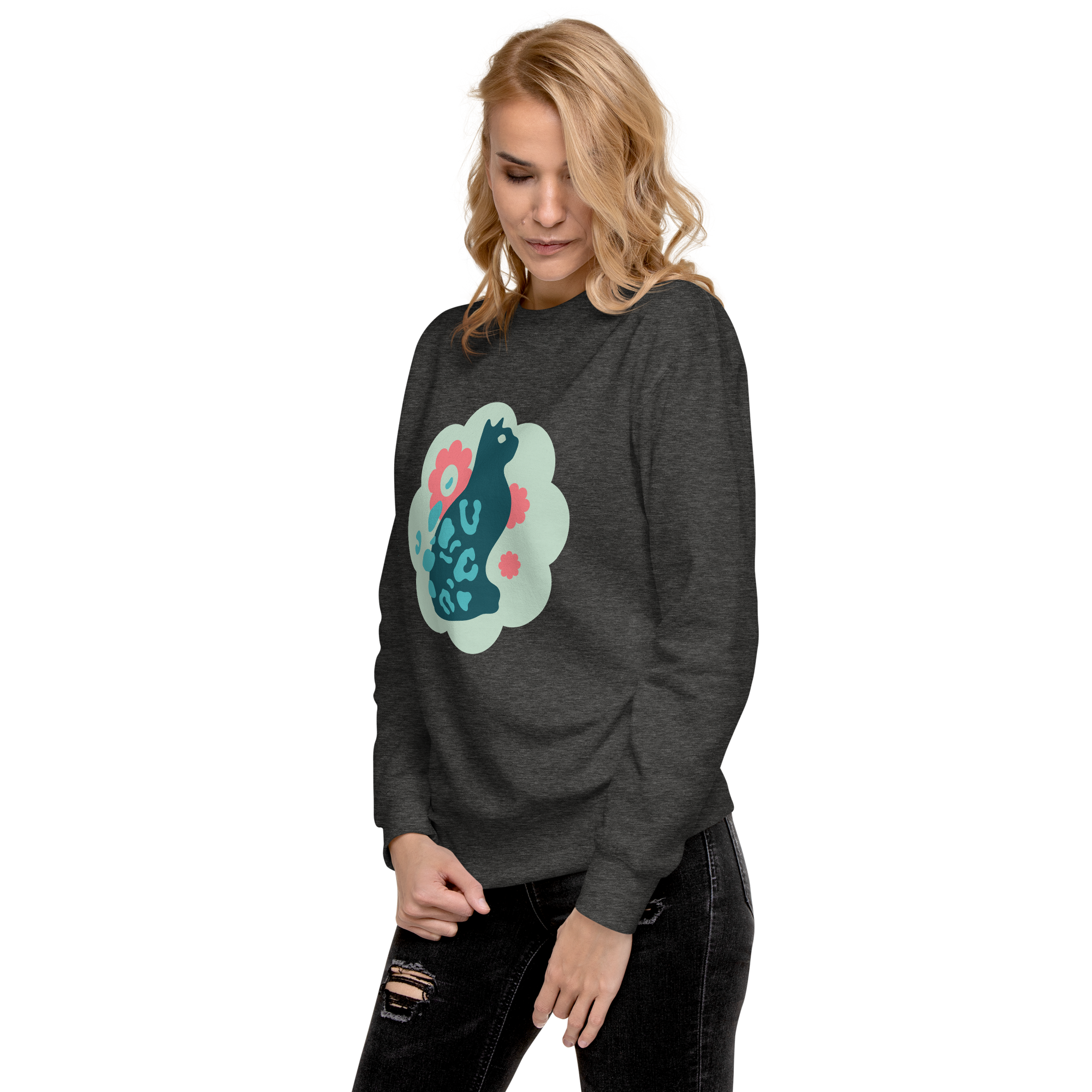 Unisex Cute Cat Floral Premium Printed Sweatshirt black