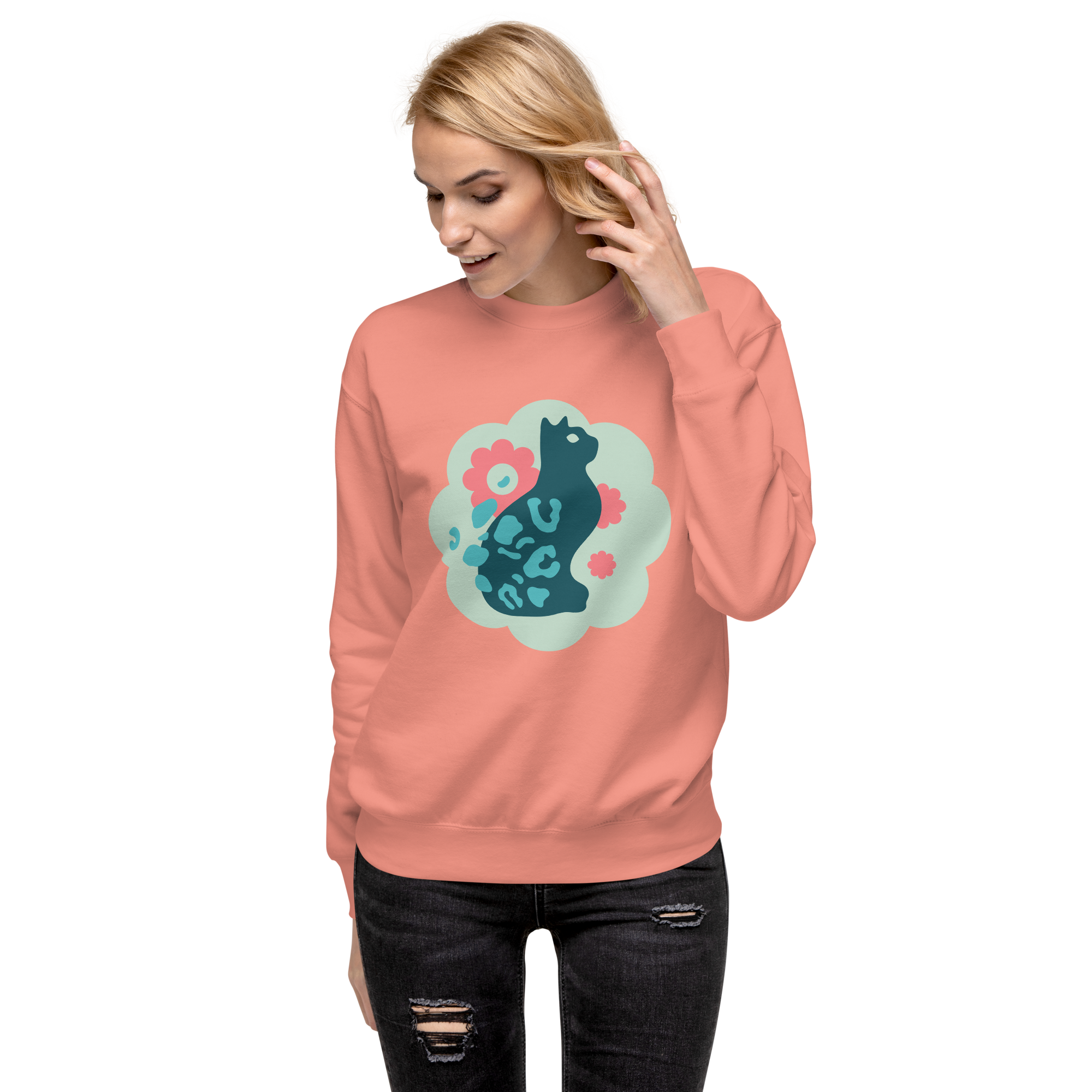 Unisex Cute Cat Floral Premium Printed Sweatshirt bone