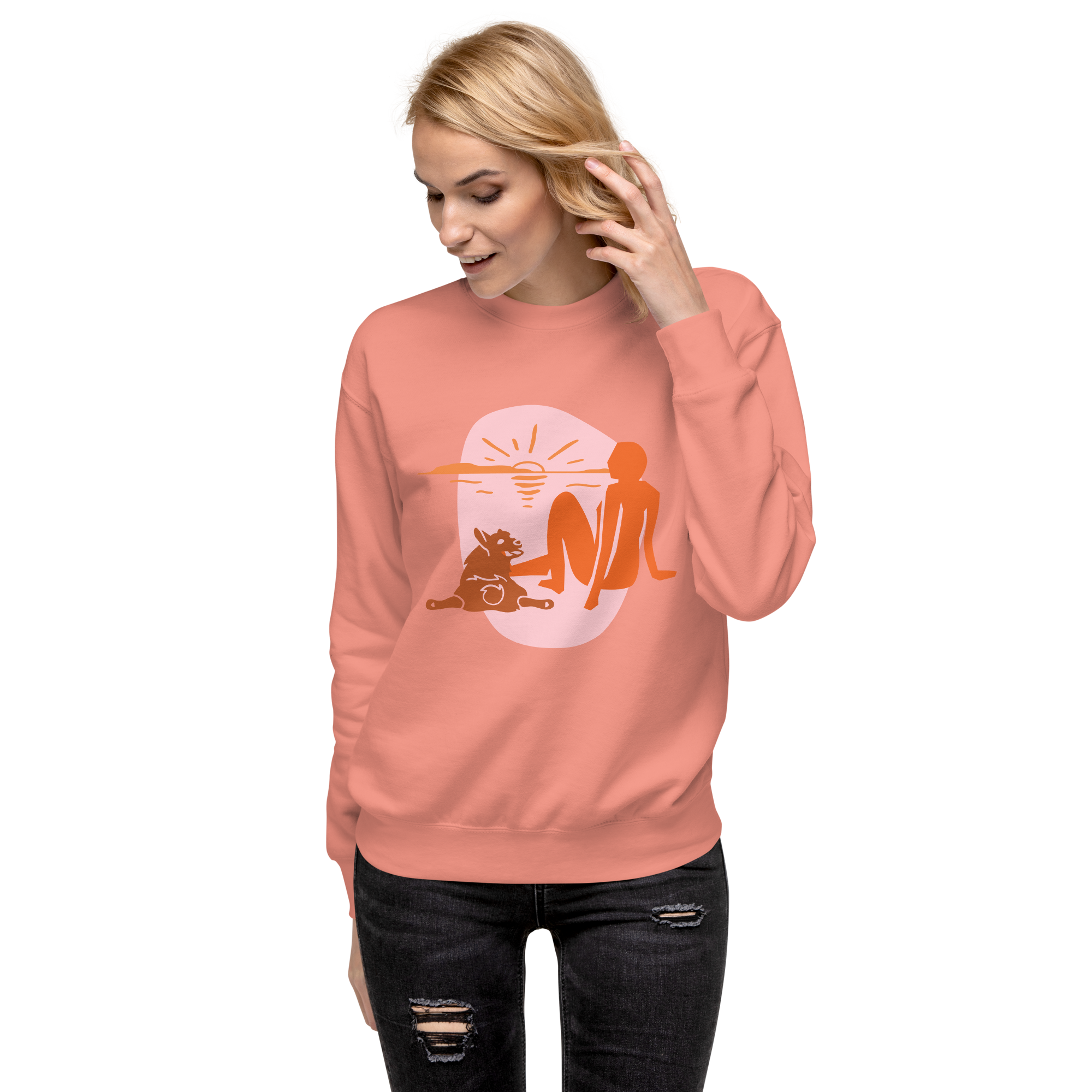 Unisex Woman With Cat Premium Printed Sweatshirt carbon-grey