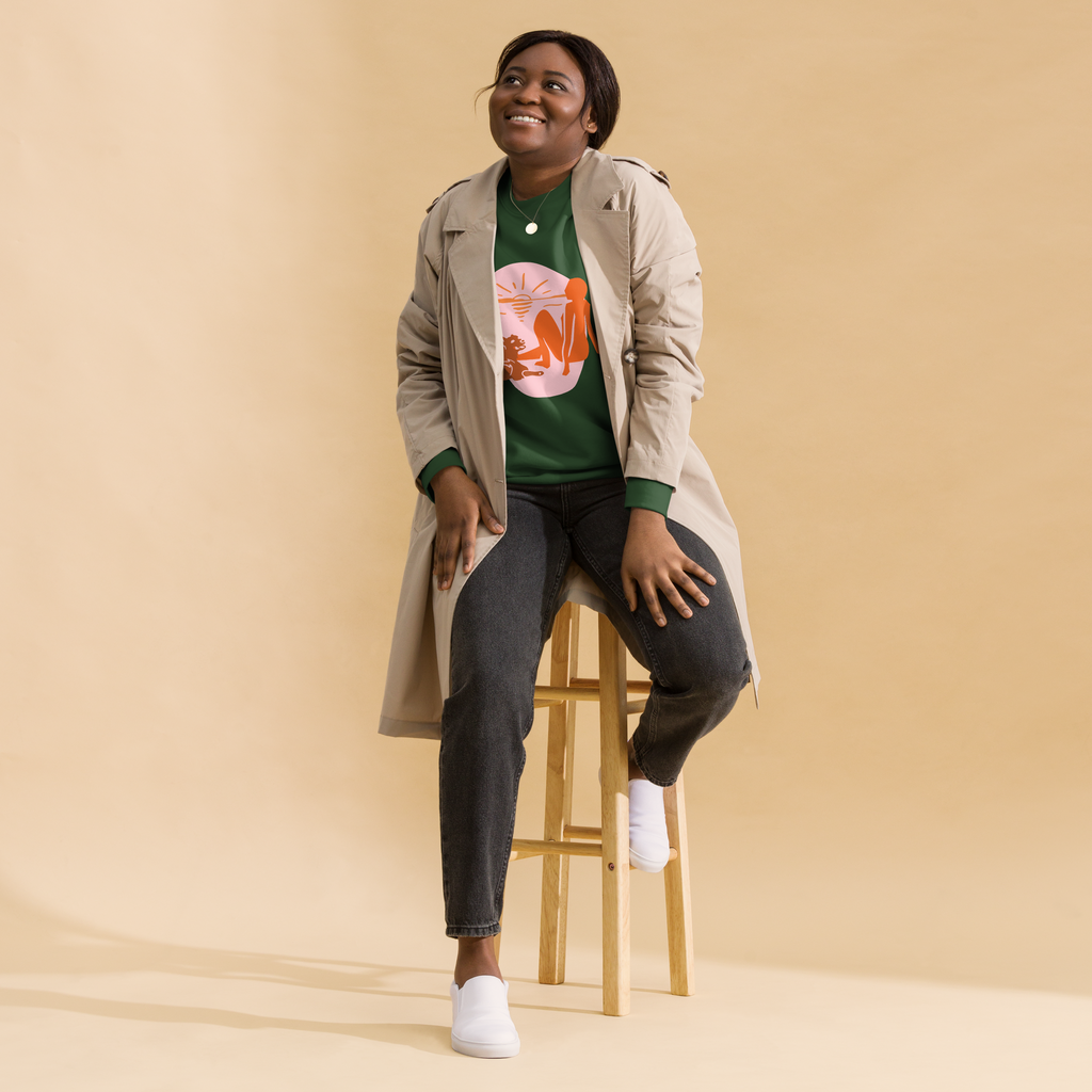 Unisex Woman With Cat Premium Printed Sweatshirt forest-green