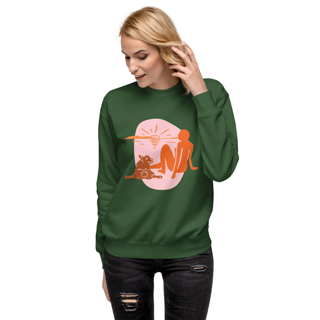 Unisex Woman With Cat Premium Printed Sweatshirt forest-green