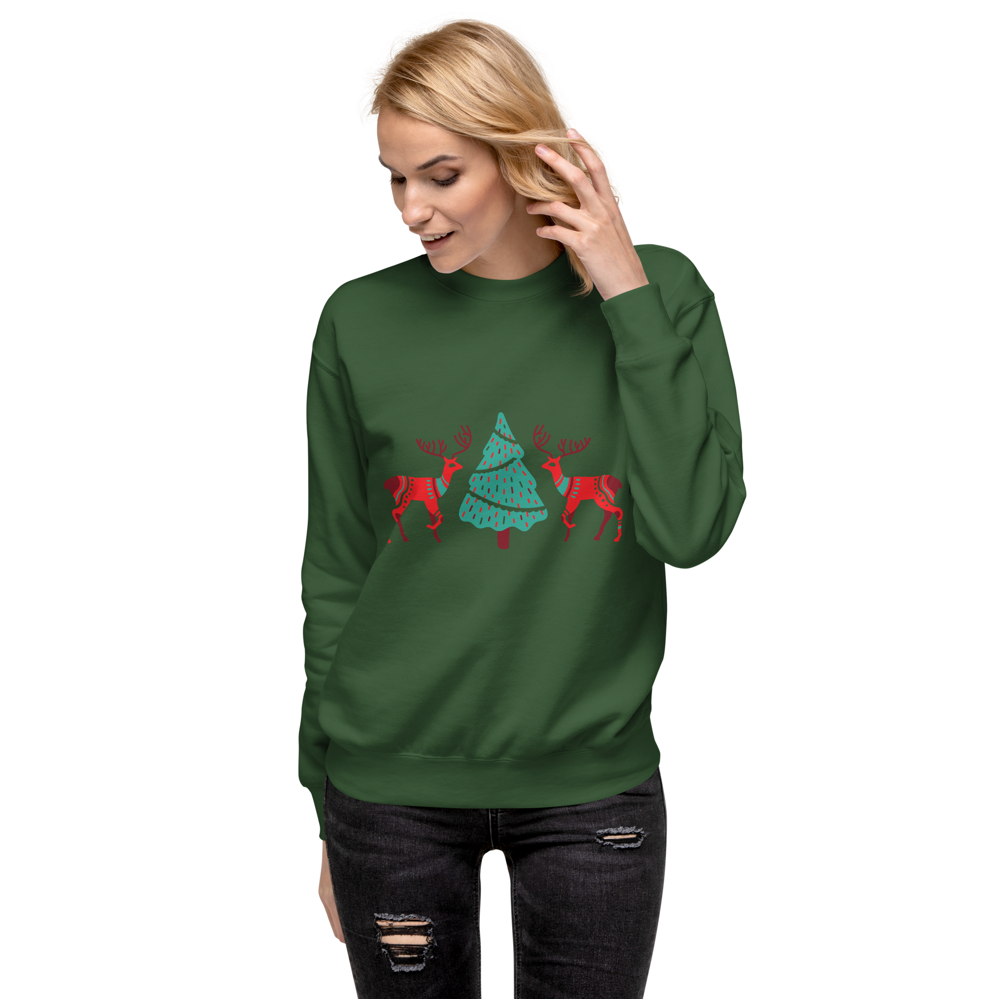 Unisex Reindeer With Christmas Tree Premium Printed Sweatshirt carbon-grey