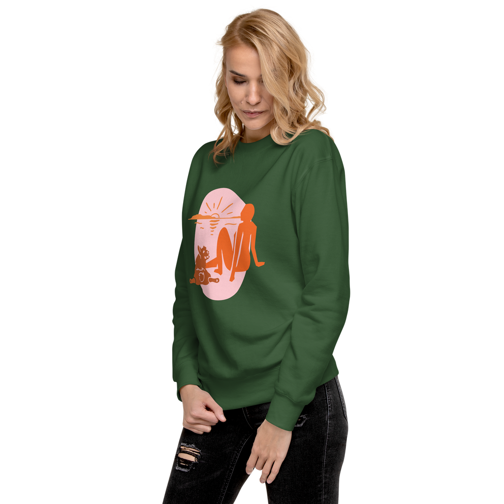 Unisex Woman With Cat Premium Printed Sweatshirt forest-green