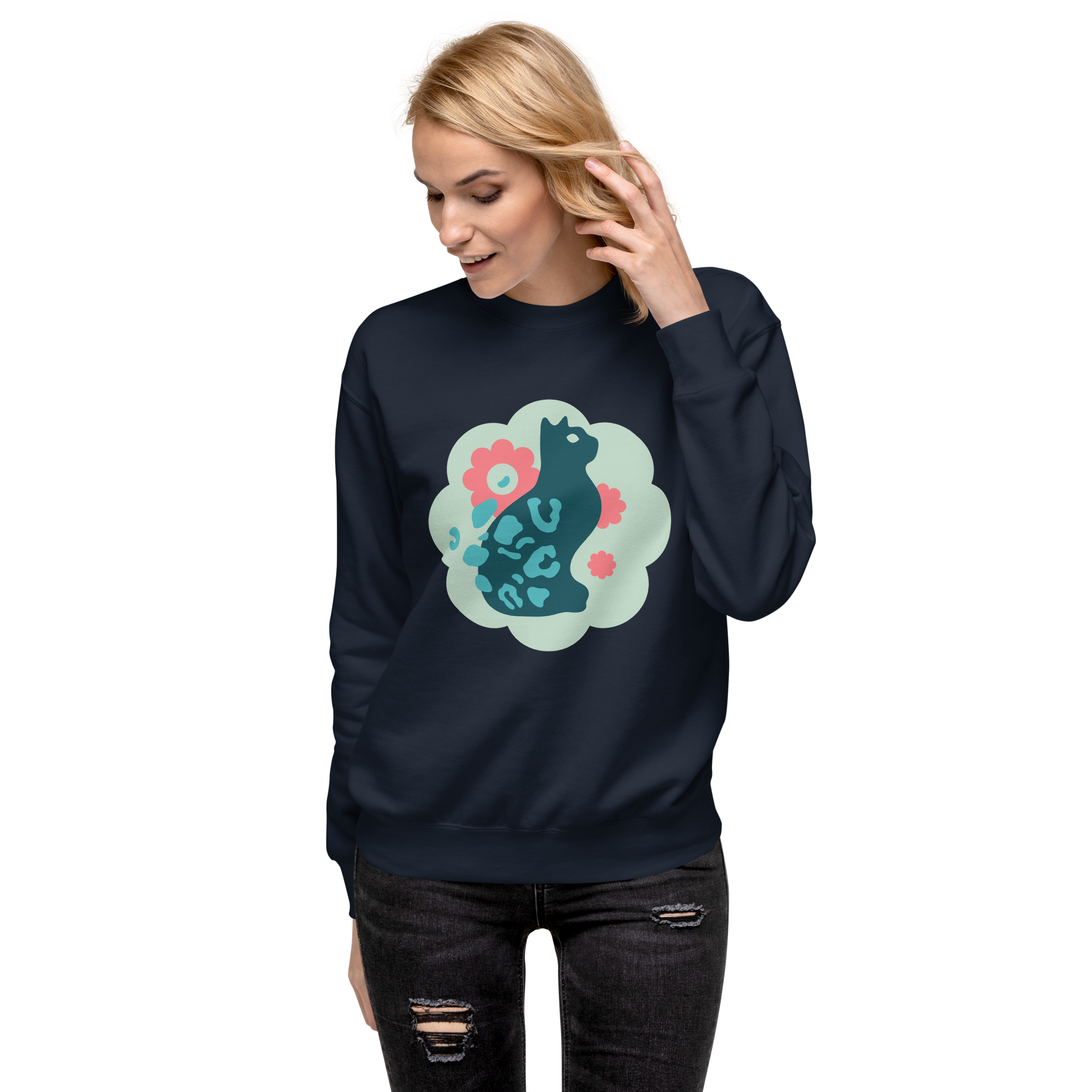 Unisex Cute Cat Floral Premium Printed Sweatshirt charcoal-heather