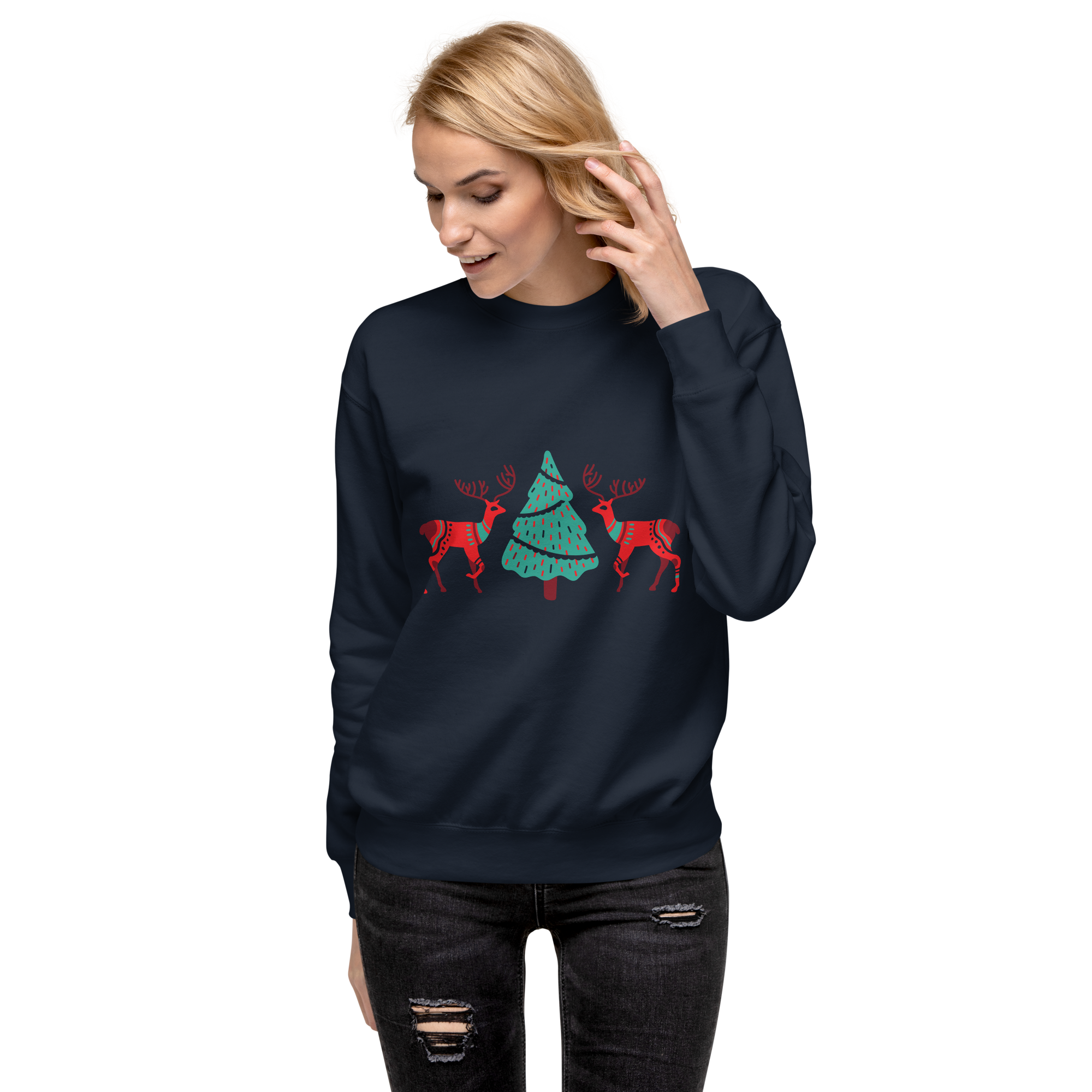 Unisex Reindeer With Christmas Tree Premium Printed Sweatshirt white