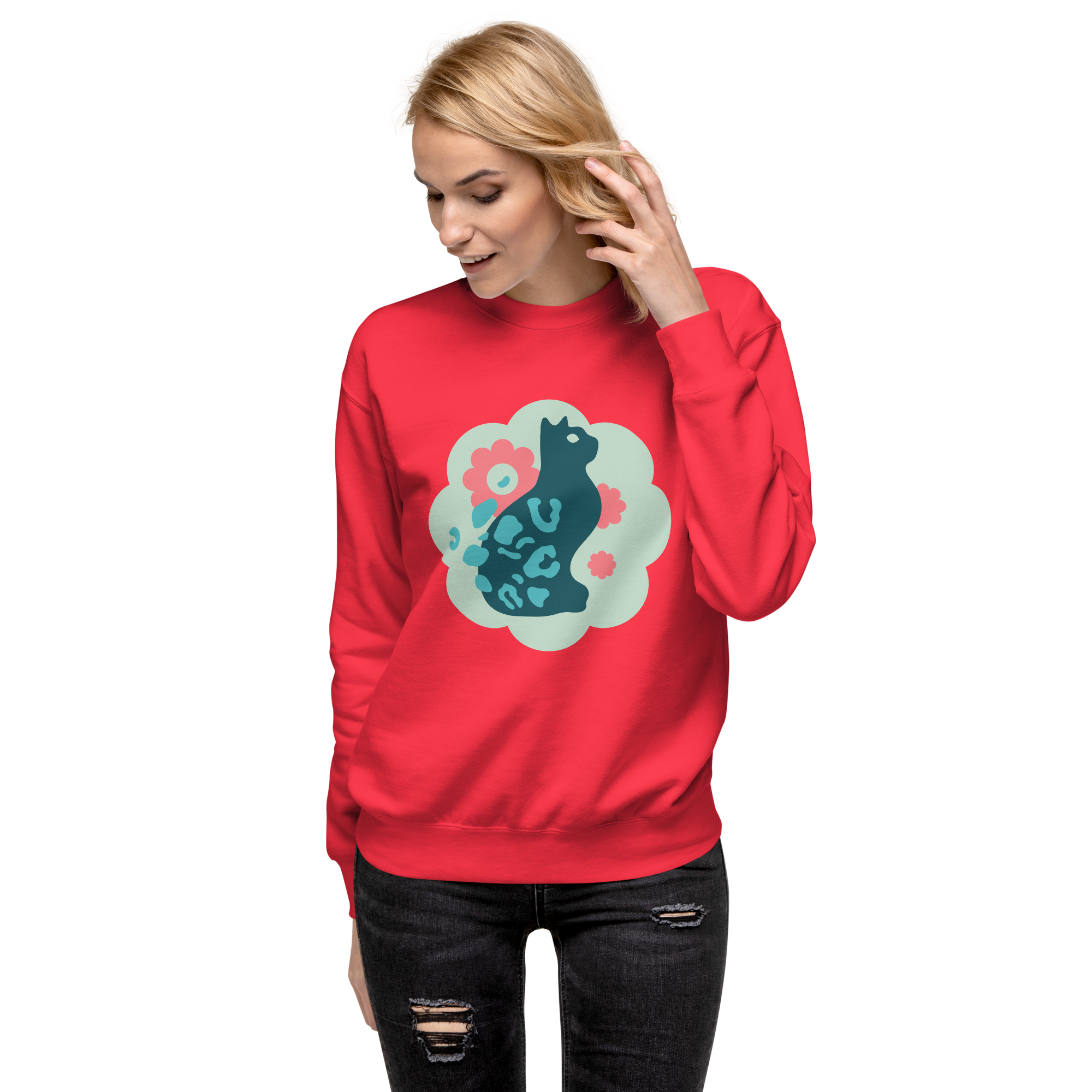 Unisex Cute Cat Floral Premium Printed Sweatshirt dusty-rose