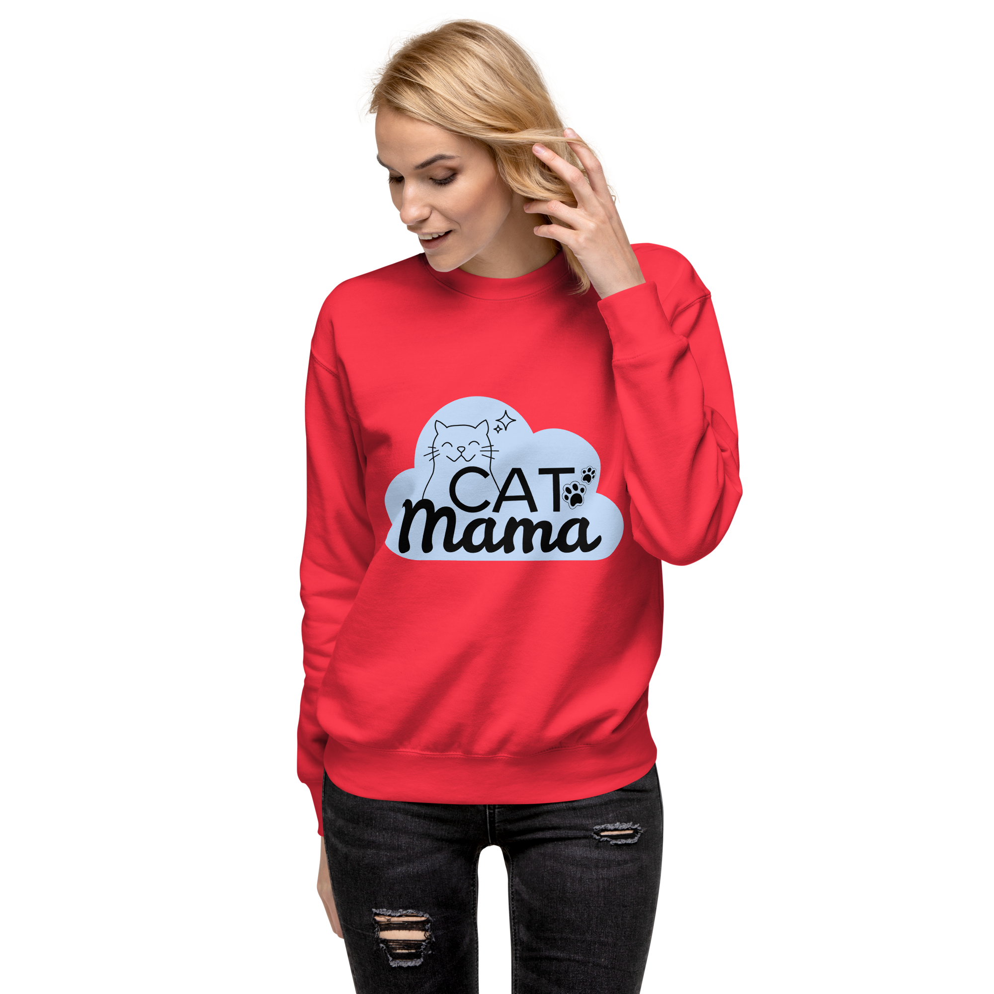 Unisex Cat Mama Premium Printed Sweatshirt team-red