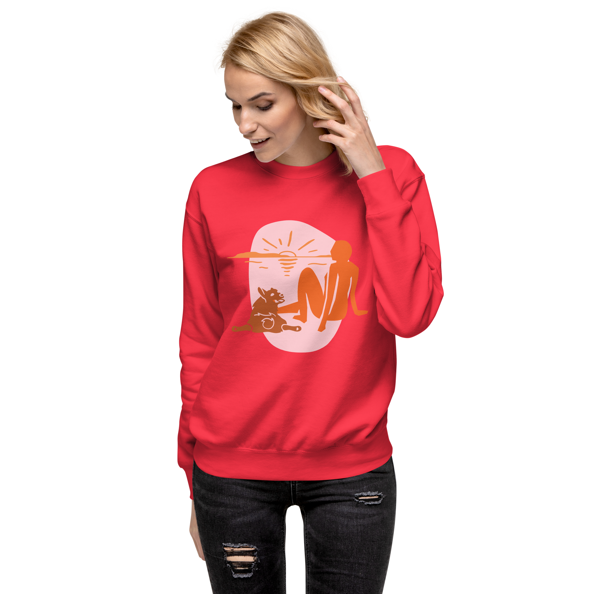 Unisex Woman With Cat Premium Printed Sweatshirt white