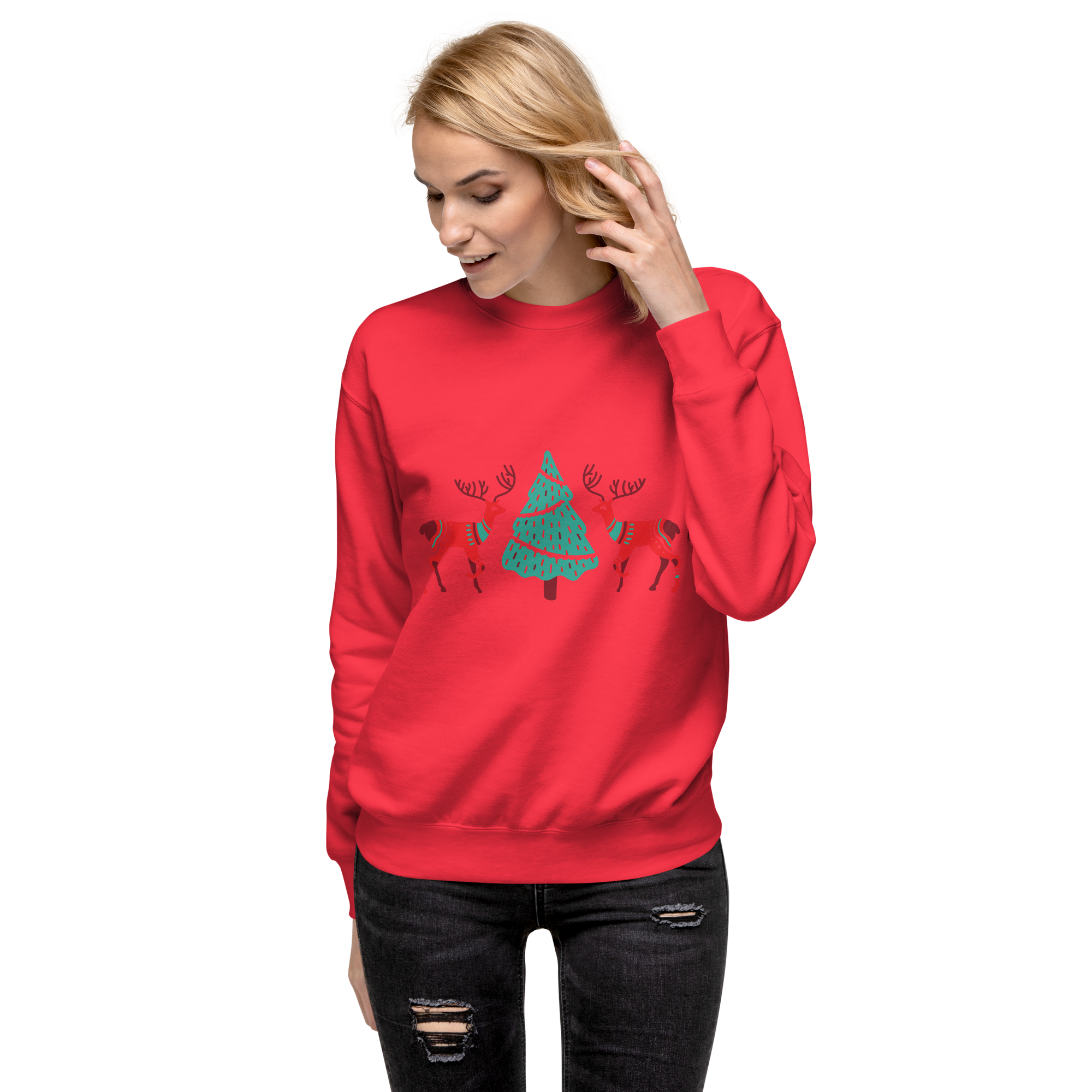 Unisex Reindeer With Christmas Tree Premium Printed Sweatshirt forest-green