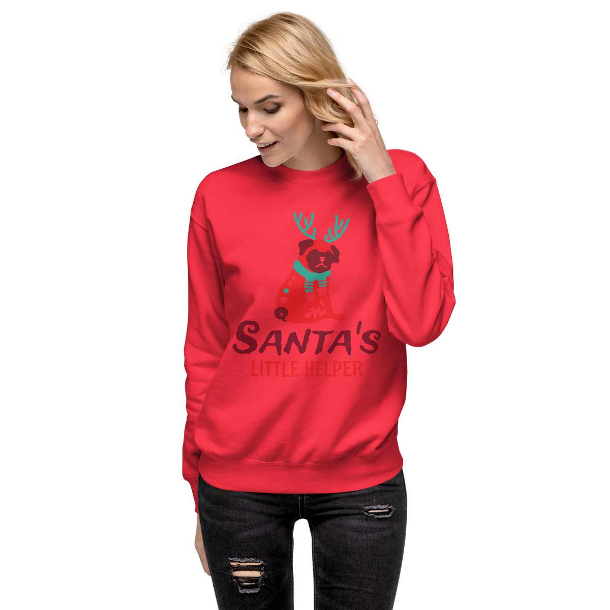 Unisex Santas Little Helper Dog Premium Printed Sweatshirt forest-green