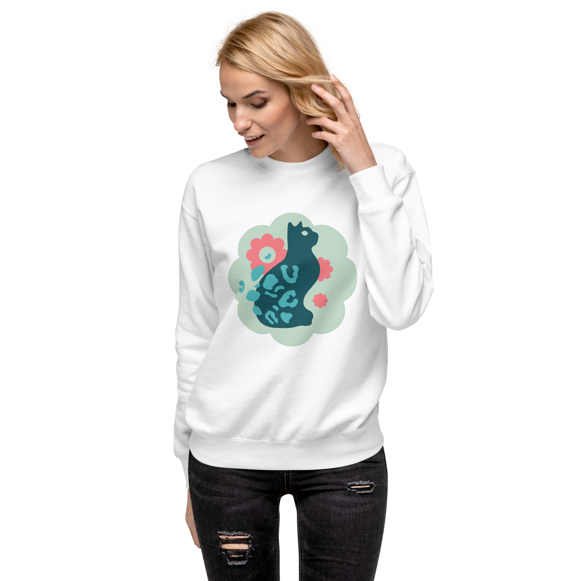 Unisex Cute Cat Floral Premium Printed Sweatshirt 