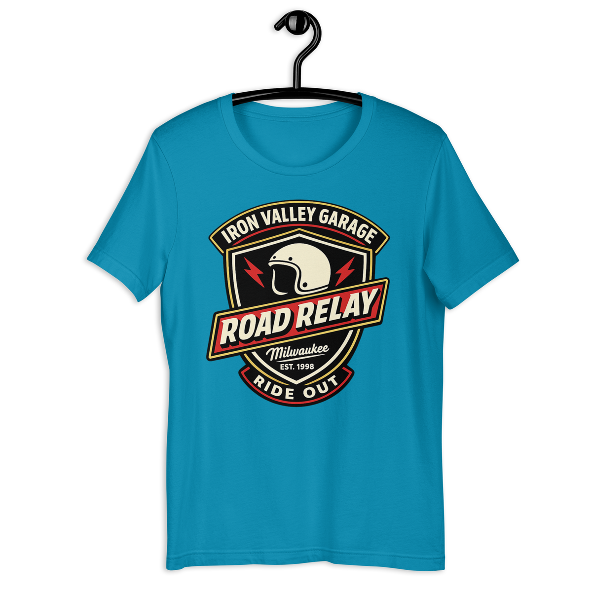 Iron Valley Garage Road Relay Vintage Motorcycle Graphic Tee aqua t-shirt mockup