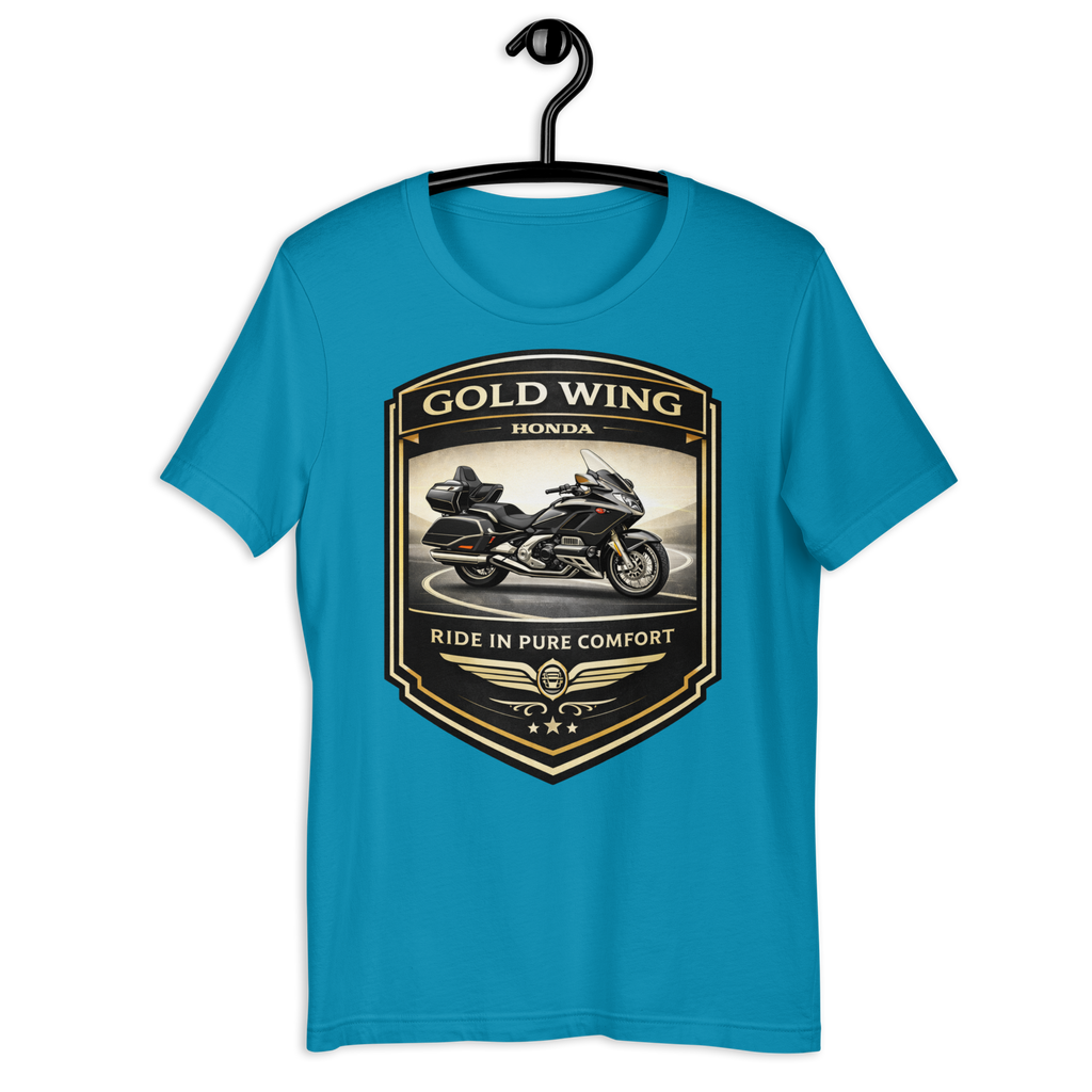 Gold Wing Ride In Pure Comfort Touring Motorcycle Graphic Tee red t-shirt mockup