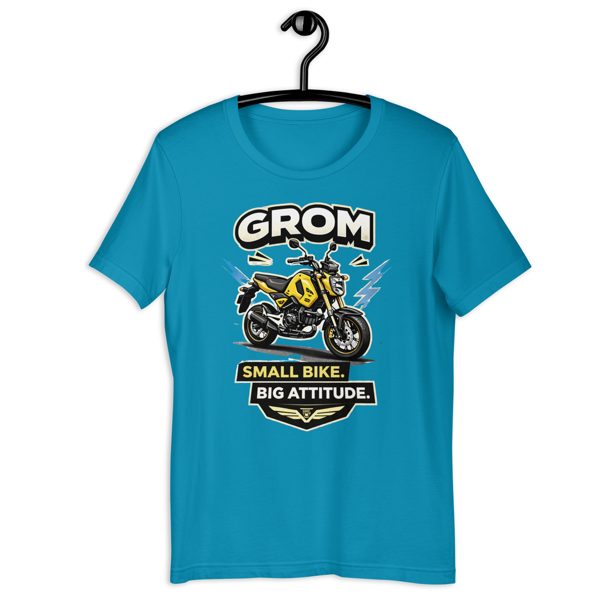 Grom Small Bike Big Attitude Funny Motorcycle Graphic Tee aqua t-shirt mockup