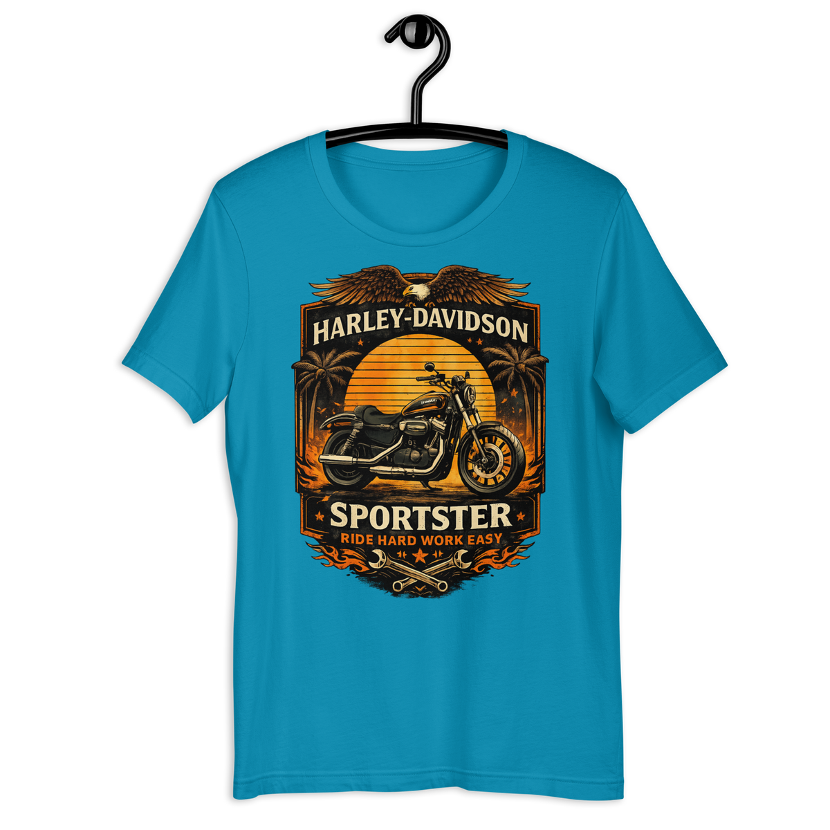 Sportster Ride Hard Work Easy Vintage Motorcycle Graphic Tee aqua t-shirt mockup