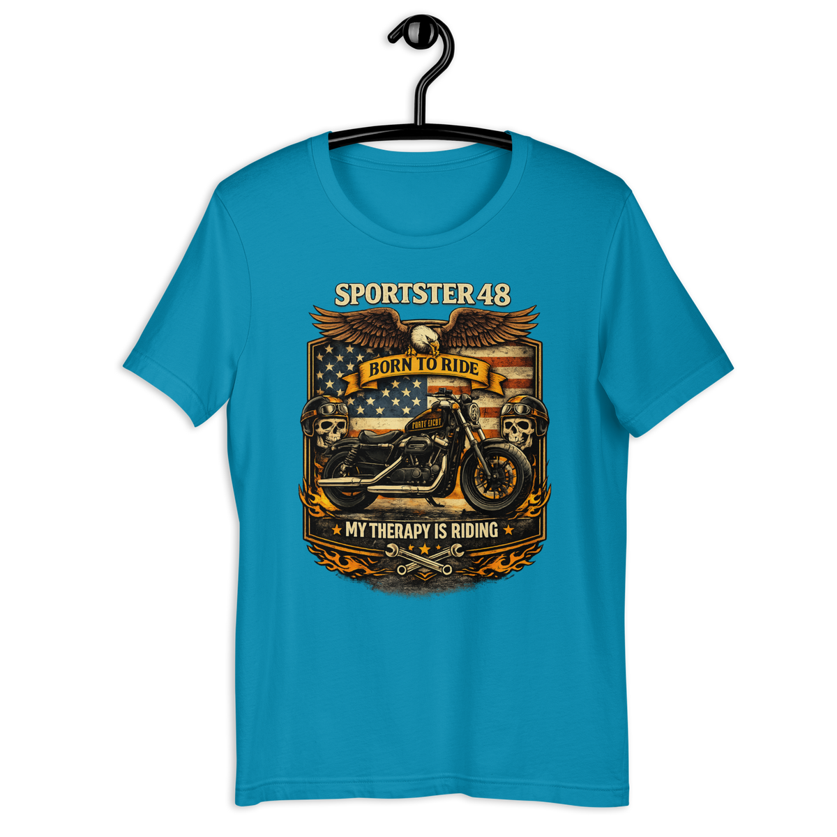 Sportster 48 Born To Ride My Therapy Is Riding Motorcycle Graphic Tee aqua t-shirt mockup