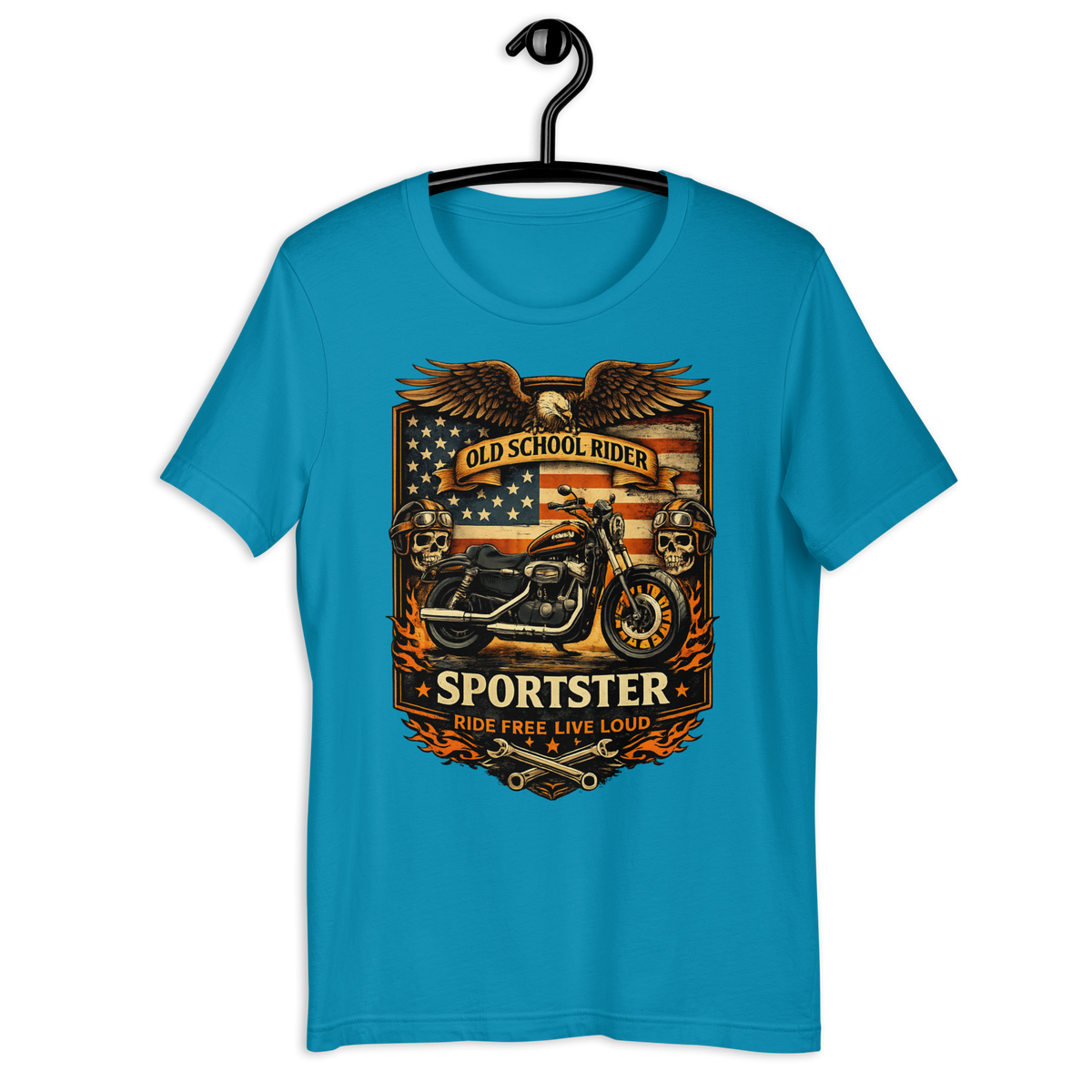 Old School Rider American Flag Motorcycle Graphic Tee aqua t-shirt mockup