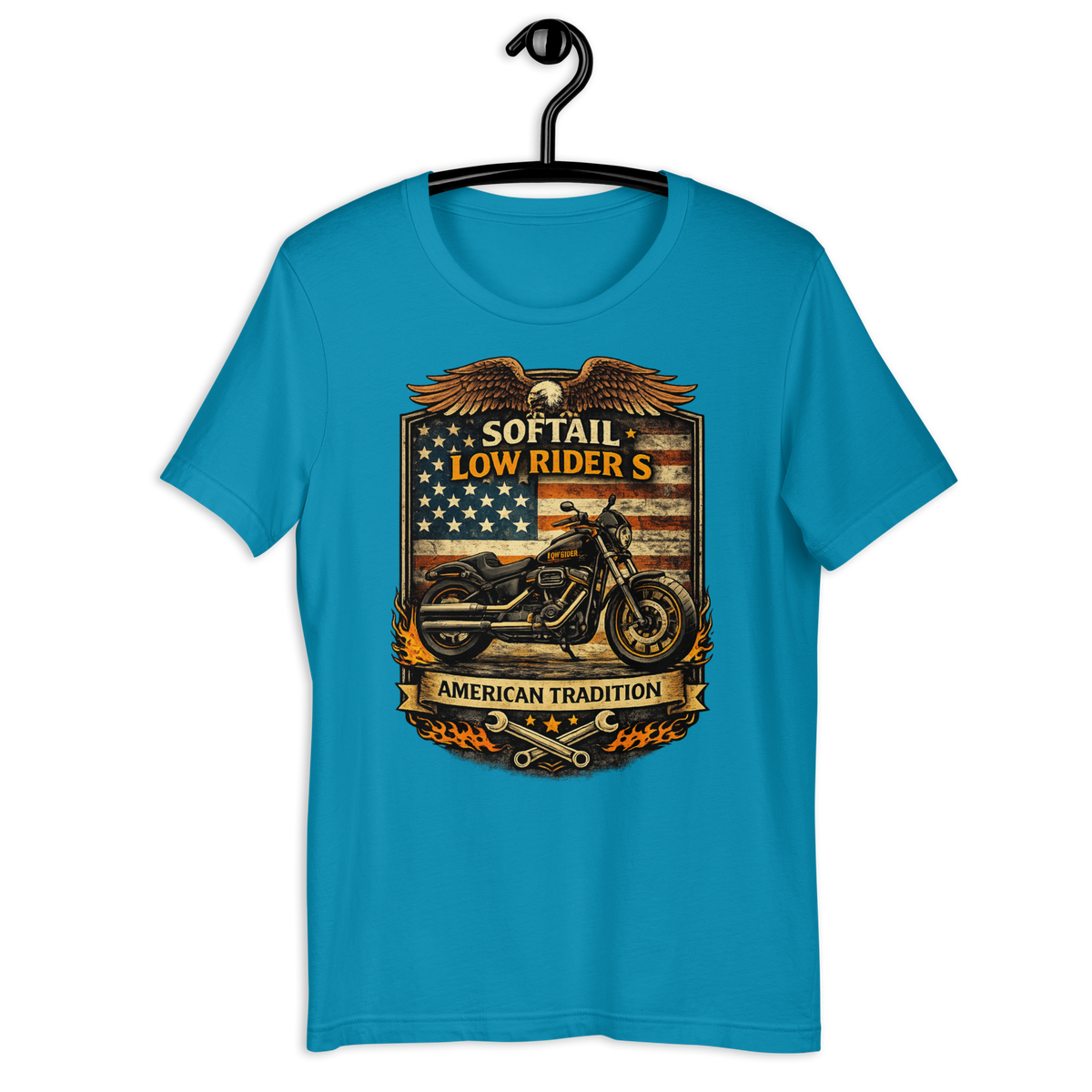 Softail Low Rider S American Tradition Patriotic Motorcycle Graphic Tee aqua t-shirt mockup