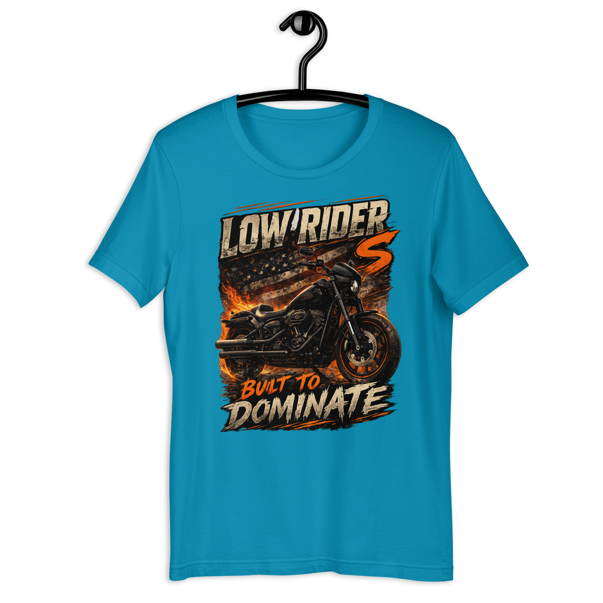 Low Rider S Built To Dominate American Flag Motorcycle Graphic Tee black t-shirt front view