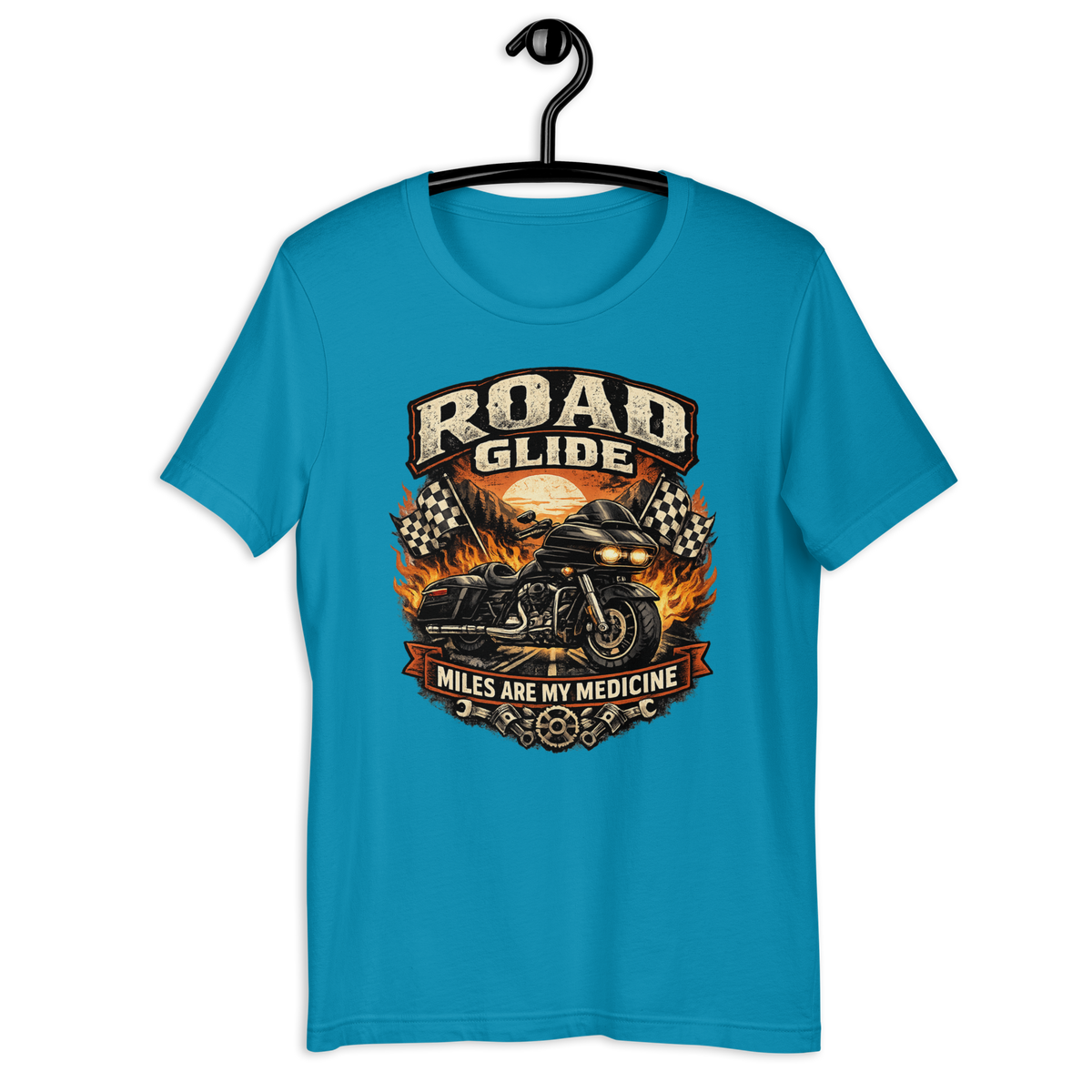 Road Glide Miles Are My Medicine Vintage Motorcycle Graphic Tee aqua t-shirt mockup