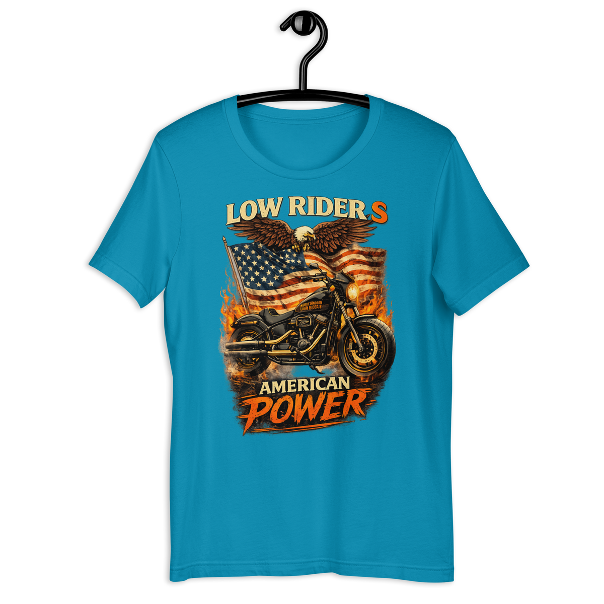 Low Rider S American Power Patriotic Motorcycle Graphic Tee aqua t-shirt mockup