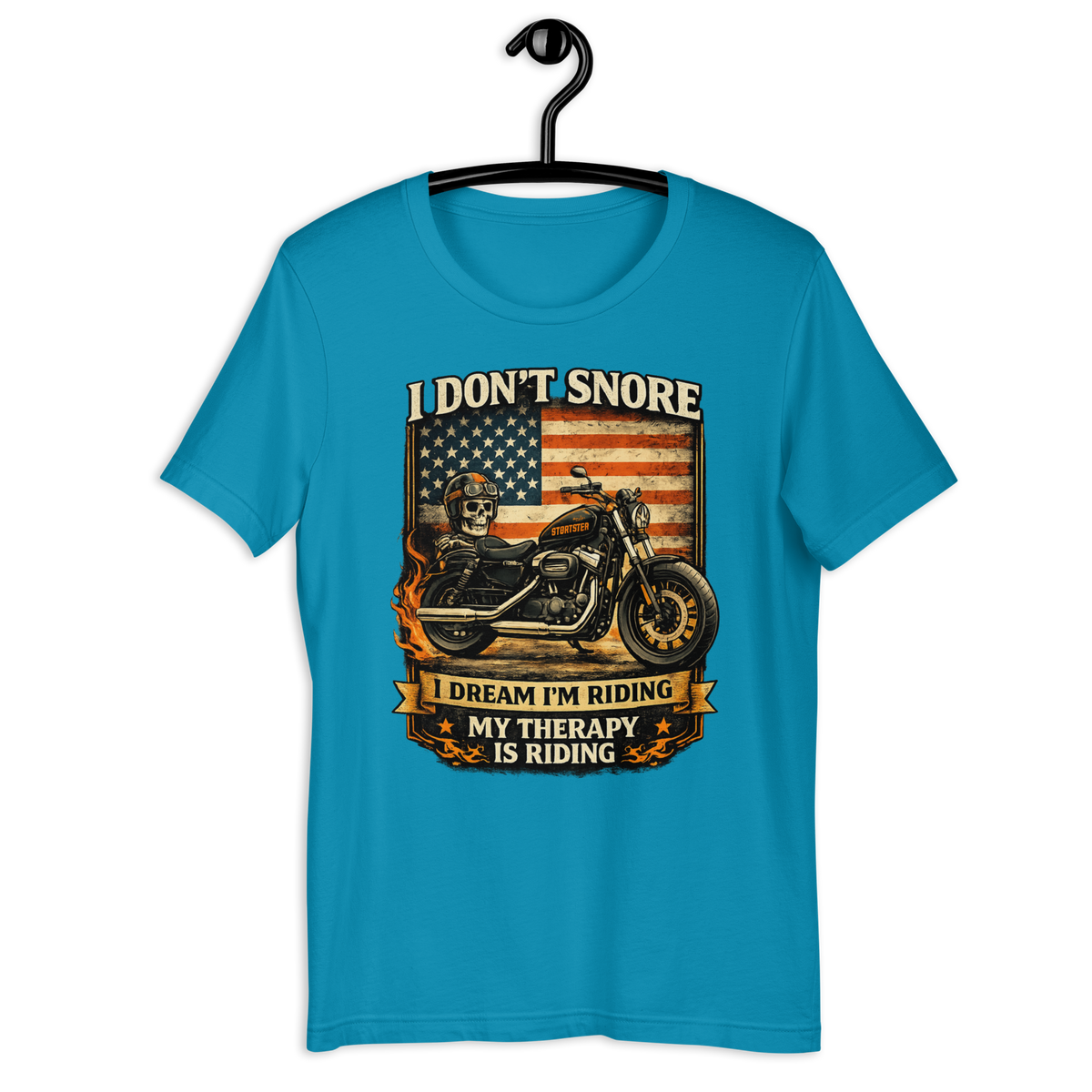I Don't Snore I Dream I'm Riding Funny Motorcycle Graphic Tee aqua t-shirt mockup