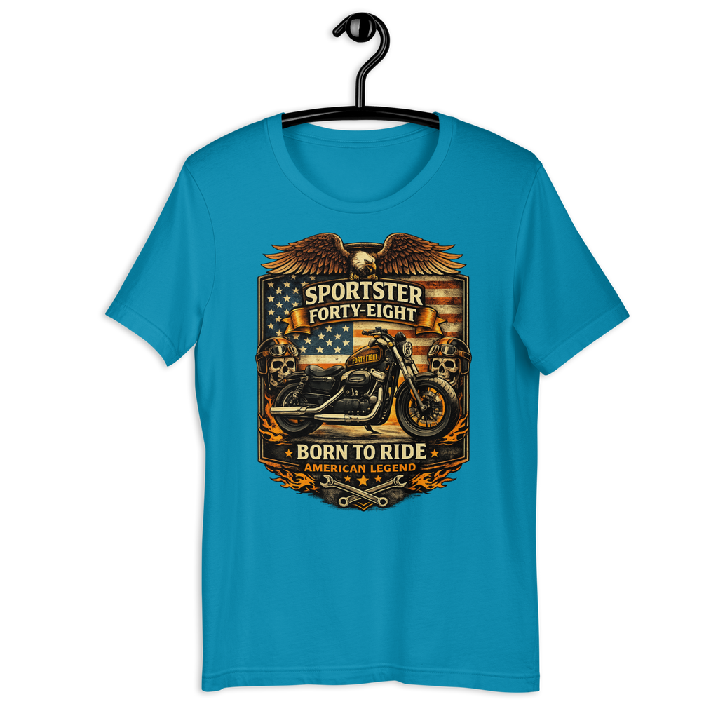 Sportster Forty-Eight Born To Ride American Legend Motorcycle Graphic Tee red t-shirt mockup